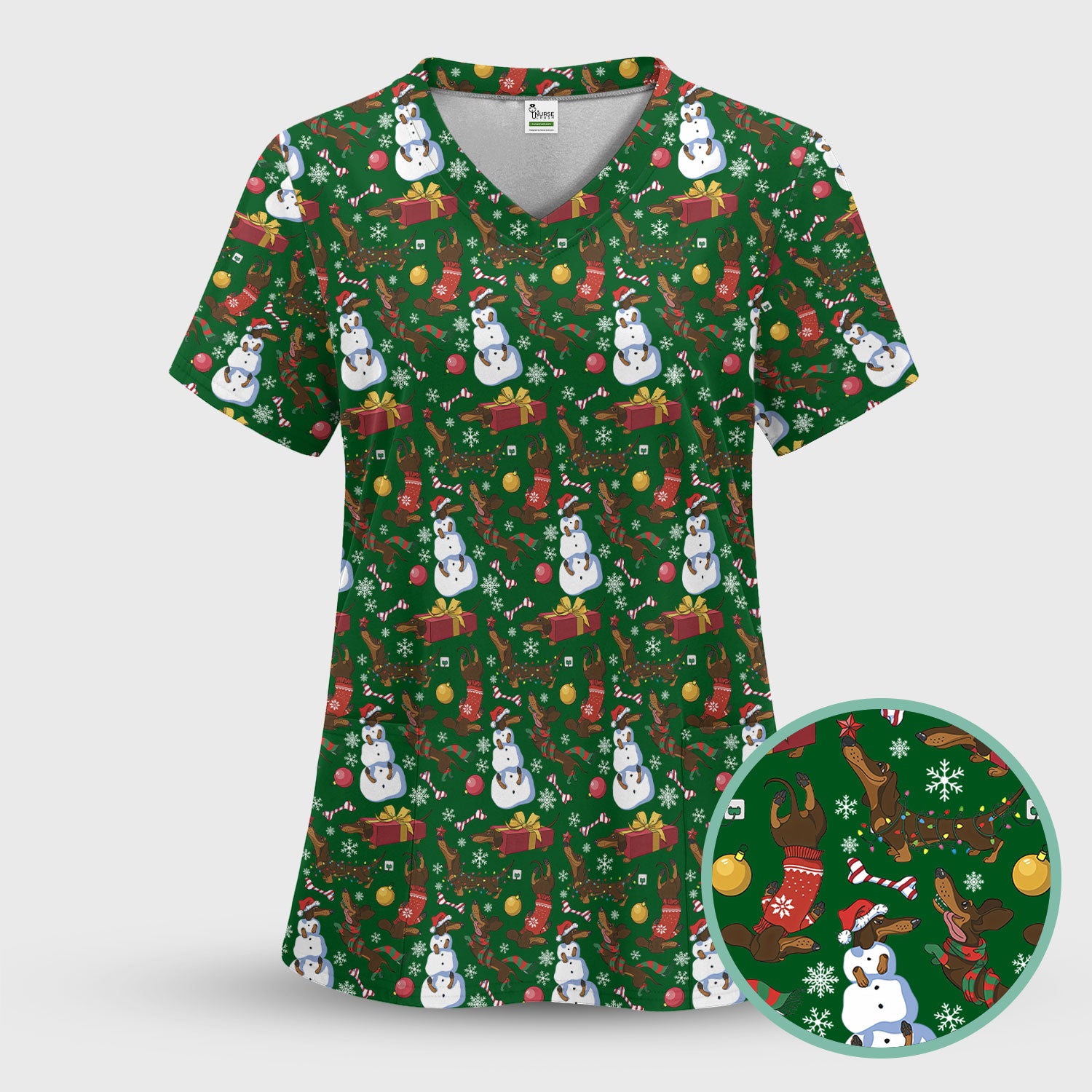 Custom Nurse Scrubs for Women - Christmas Dachshund Dog & Snowman Print - Multi Color Nursing Shirt Holiday Gift for Nurses