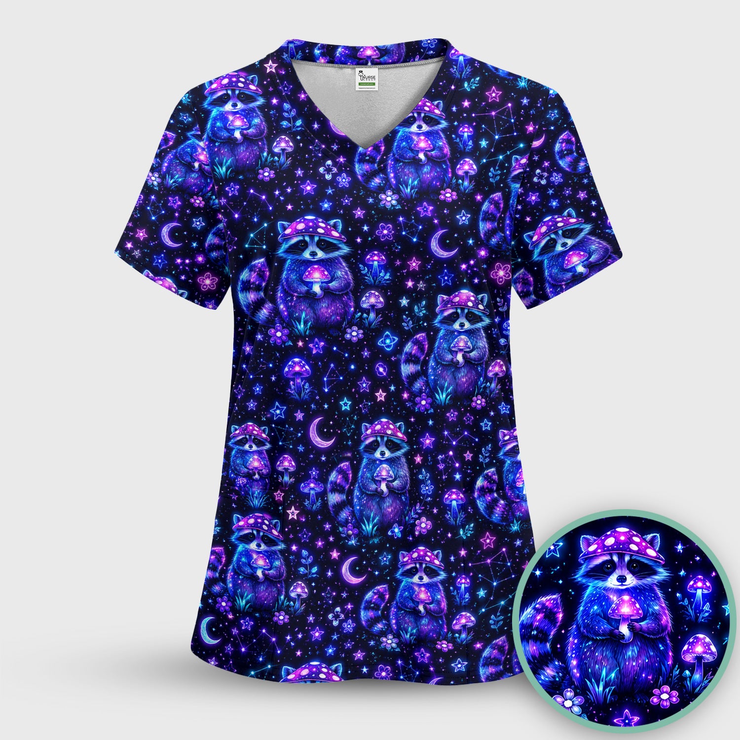 Neon Mushroom Raccoon Nurse Pattern Scrub Set, Scrub Pants and V Neck Top