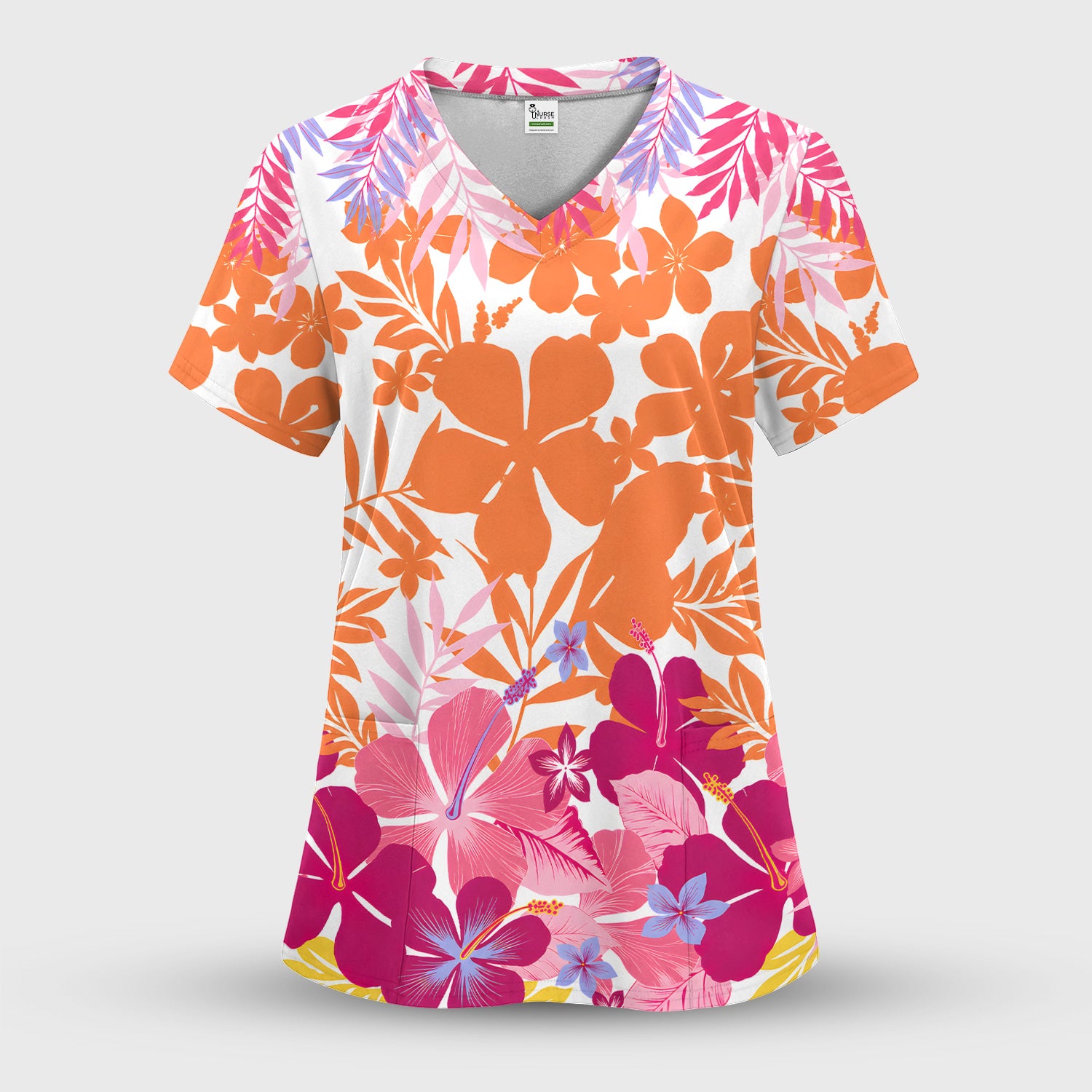 Cheerful Tropical Hibiscus Bloom Pattern Scrub Set, Scrub Pants and V Neck Top
