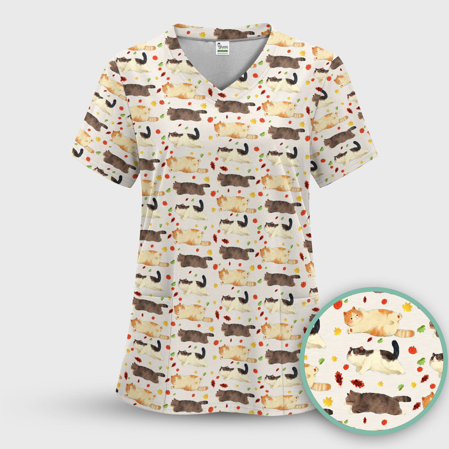Chubby Cat Autumn Leaves Print Scrub Top, Breathable Fabrics Nursing Uniform