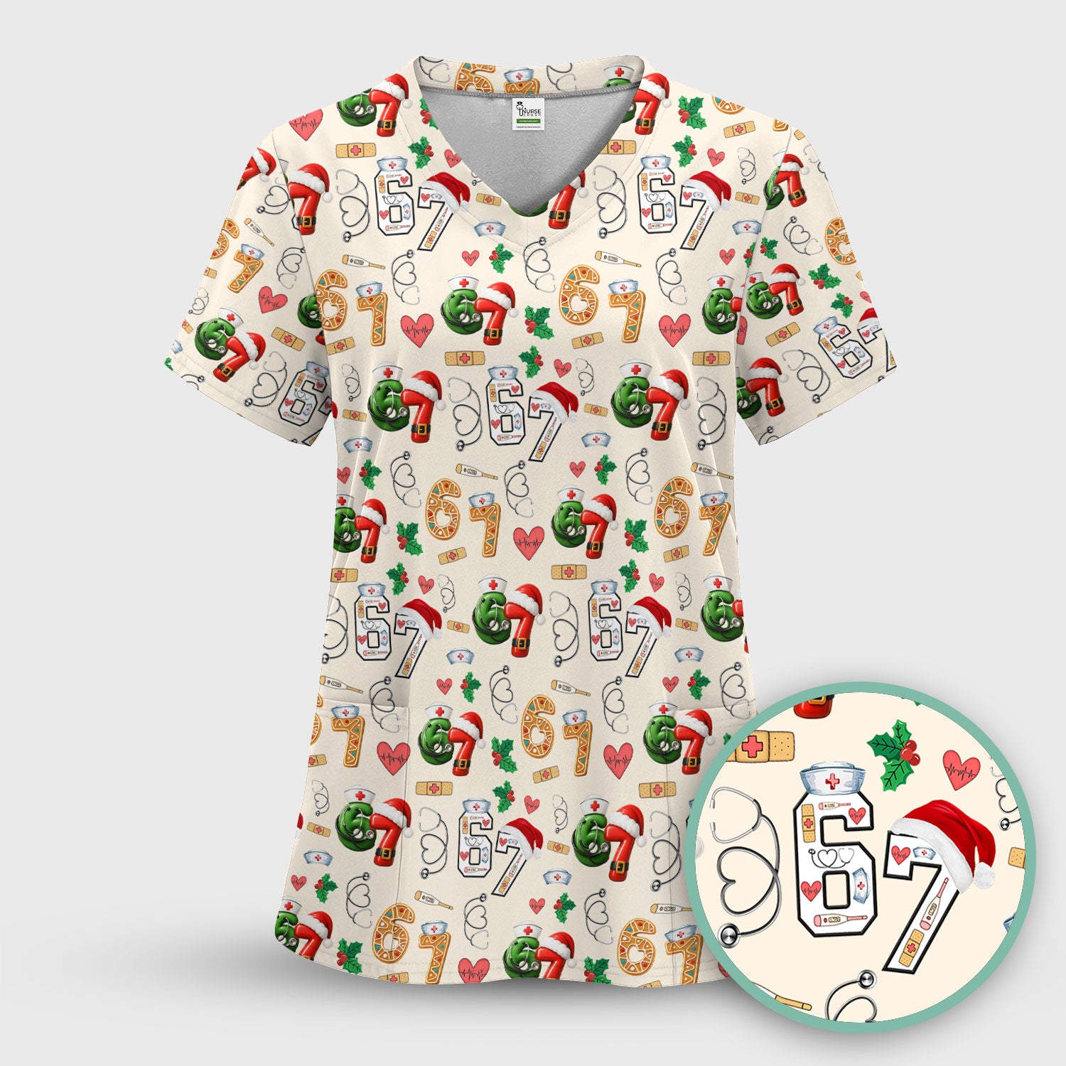 Christmas Nurse 67 Pattern Scrub Top, Cute Holiday Medical Shirt With Santa Hat, Uniform For Nursing