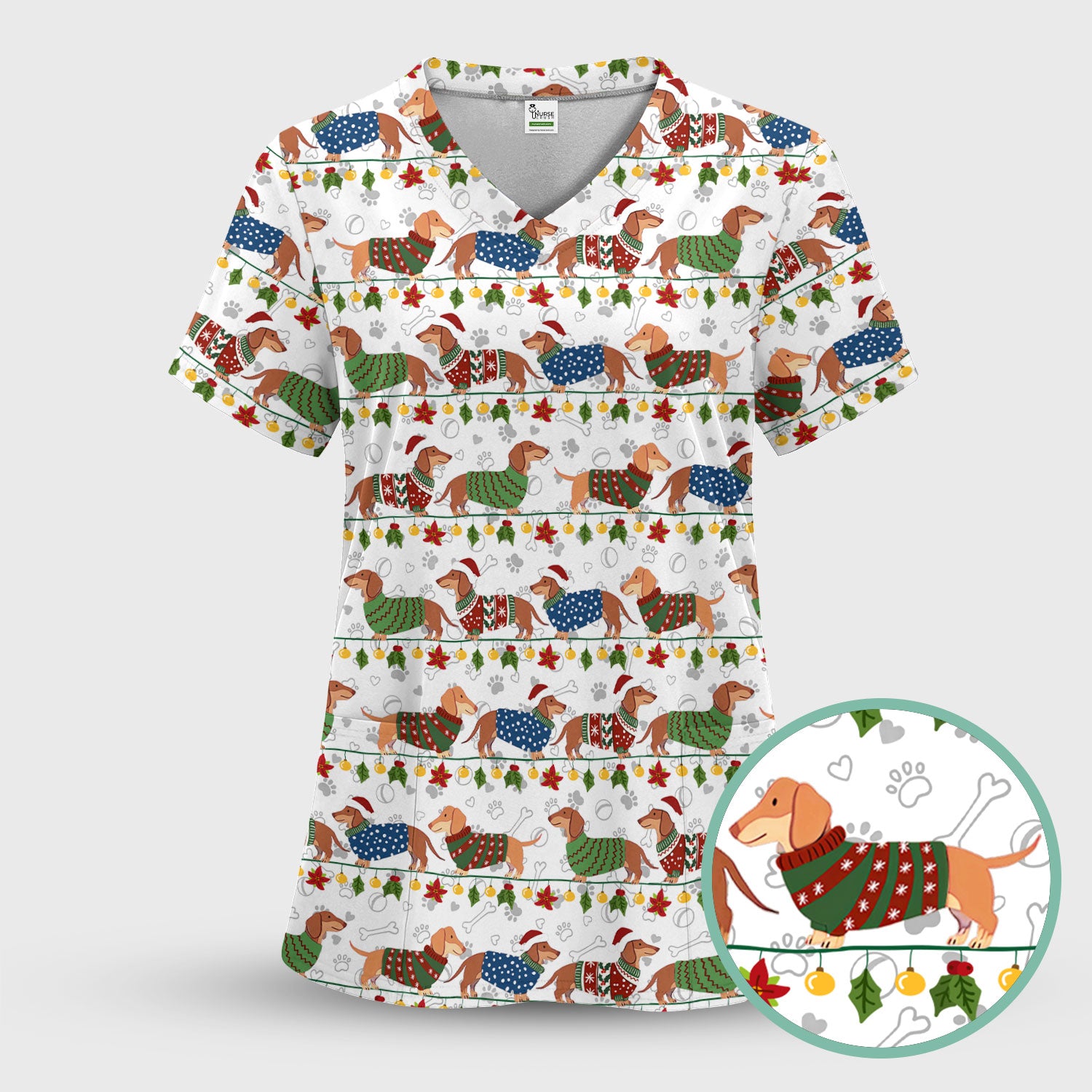 Holiday Wiener Dog Nurse Scrub Top - Festive Sausage Dog Christmas Medical Shirt for RN CNA LPN Women