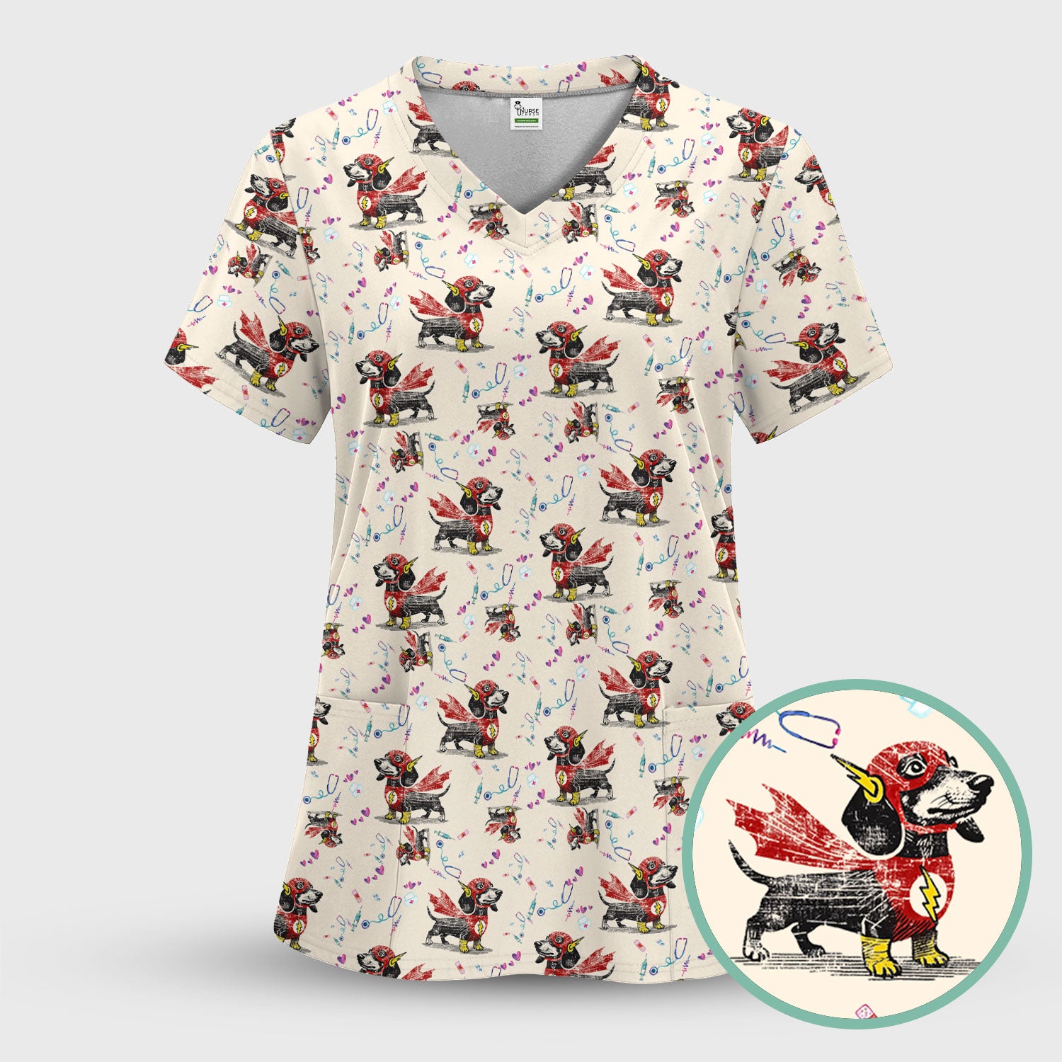 Dachshund Hero Scrub Top for Nurses - Super Nurse Funny Flash Dog Print Medical Uniform Shirt - Cute Sausage Dog Gift for RN CNA LPN