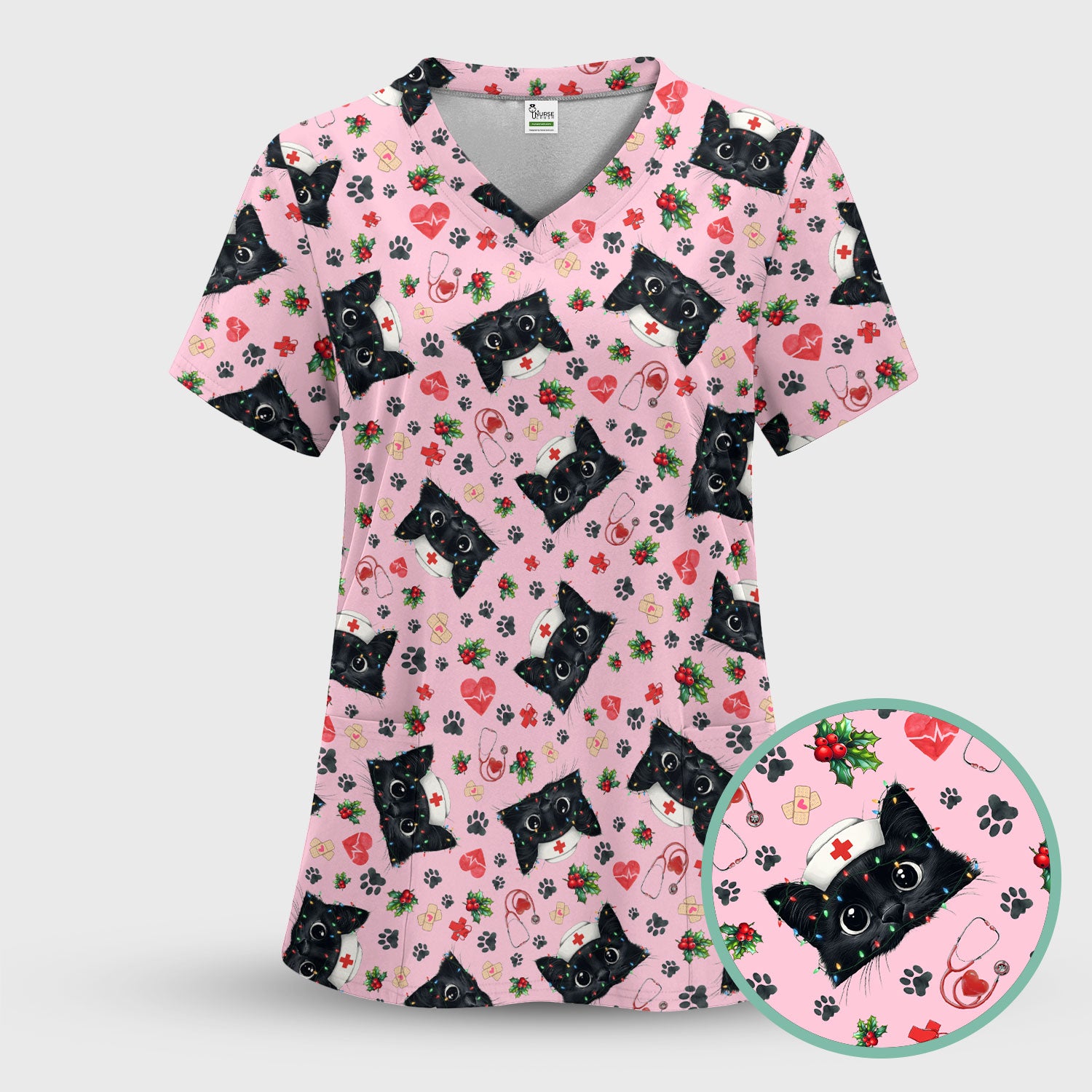 Black Cat Scrub Top for Nurse - Cute Kittens Christmas Medical Uniform - Funny Holiday Gift for Women