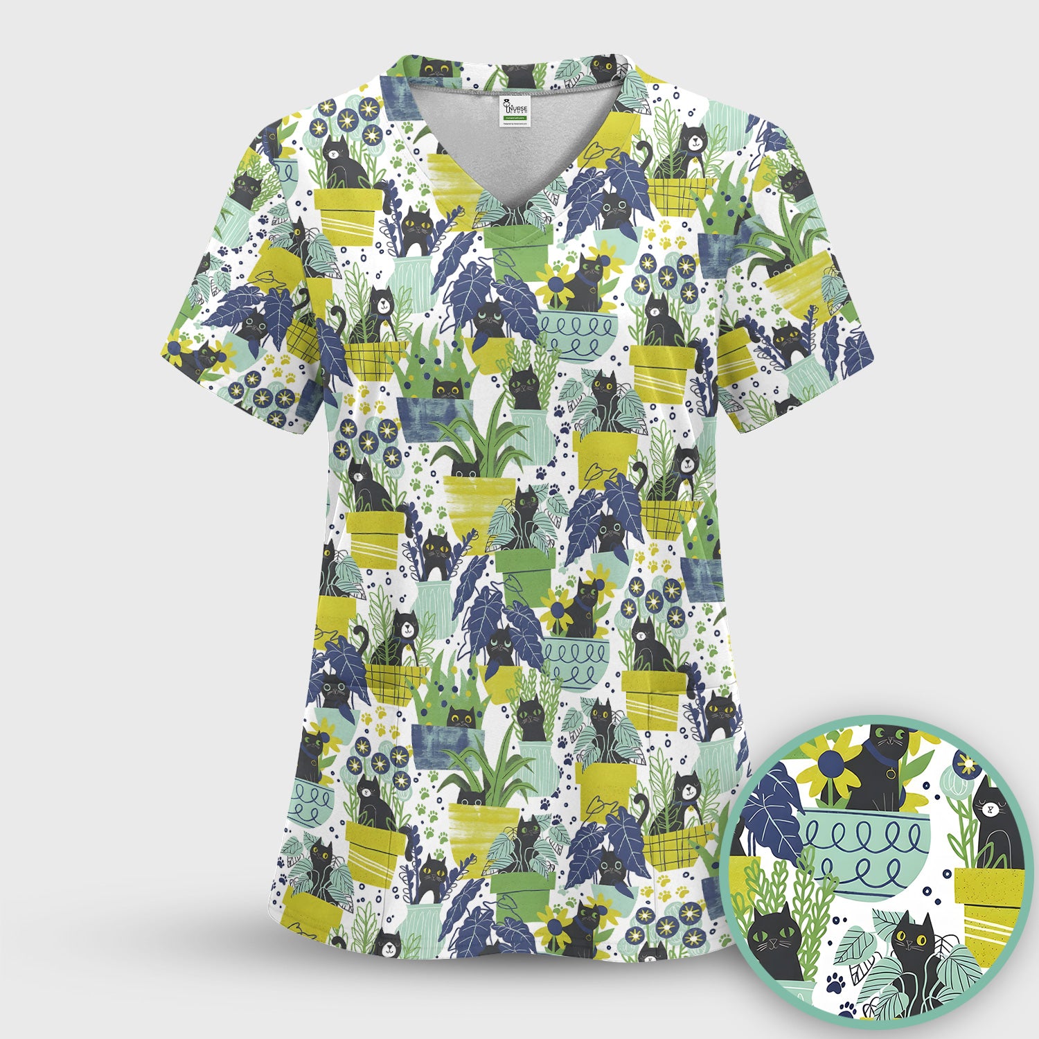 Black Cat Planter Garden Pattern Scrub Top, Comfortable Scrubs for Nurses