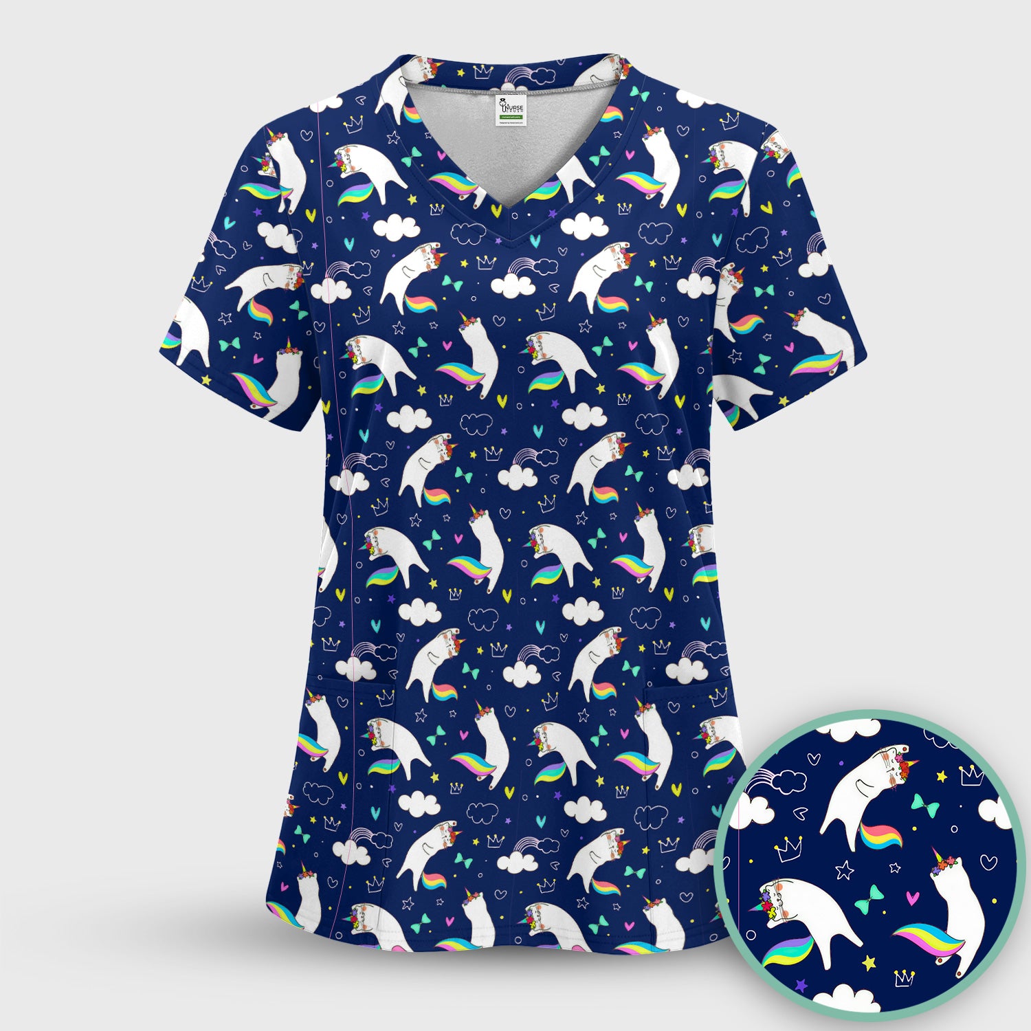 Unicorn Cat With Rainbow Tail Clouds Scrub Set, Scrub Pants and V Neck Top