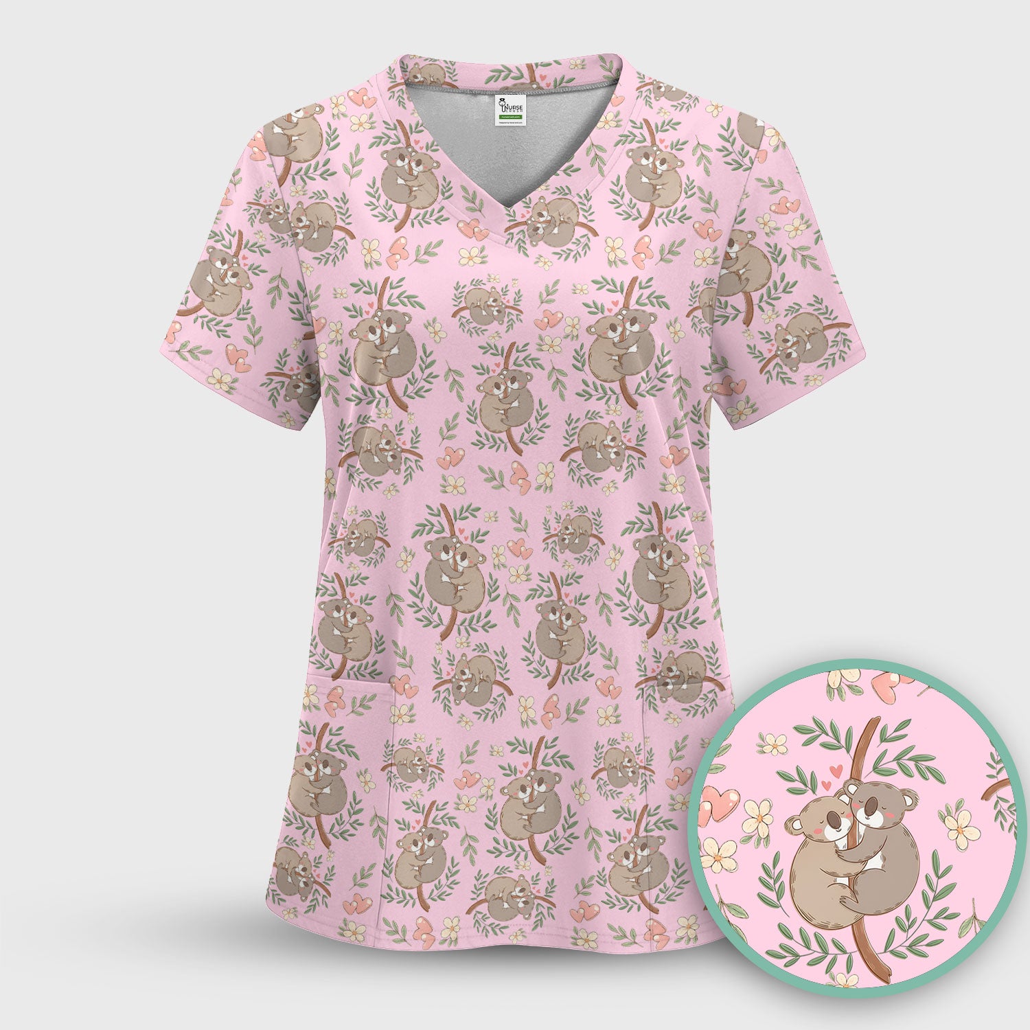 Cute Koala Love Pattern Medical Scrub Top, Breathable Fabrics Nursing Uniform