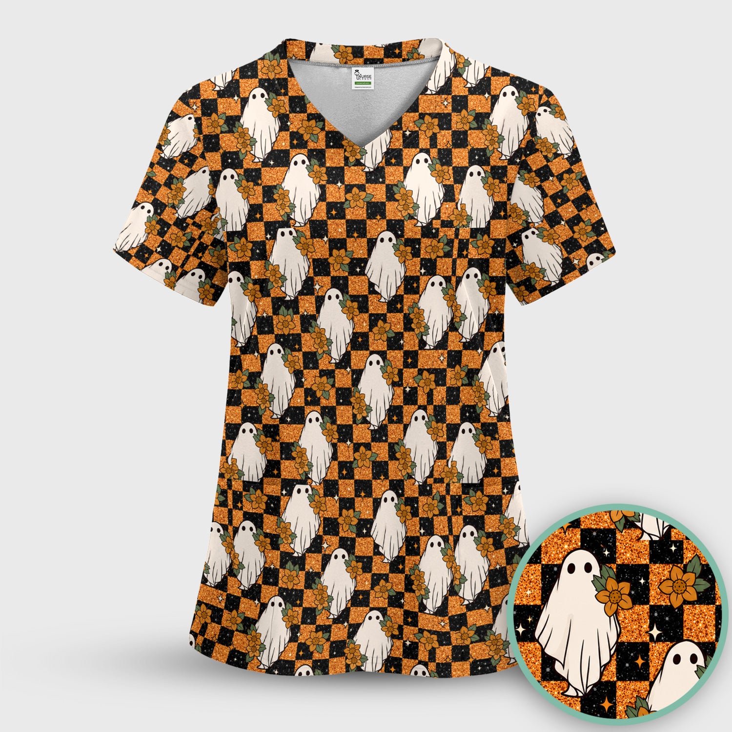 Spooky Halloween Ghost Checkerboard Scrub Top, Comfortable Scrubs for Nurses