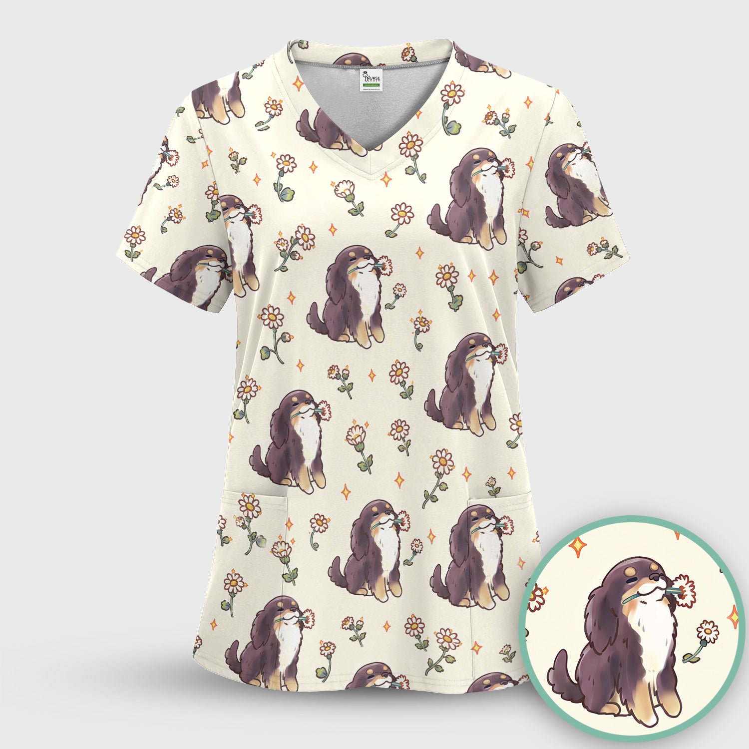 Cute Floral Otter Holding Daisy Pattern Scrub Top, Comfortable Scrubs for Nurses