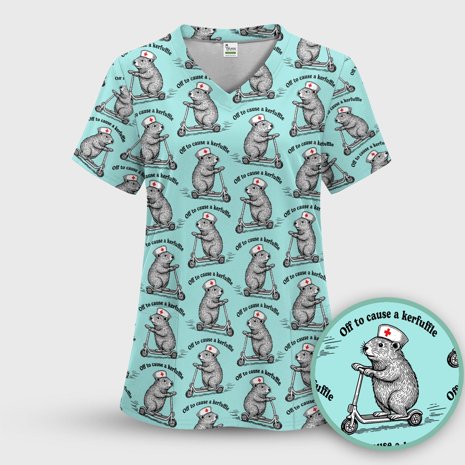 Funny Nurse Mouse Scooter Print Women's Scrub Set, Scrub Pants and V Neck Top