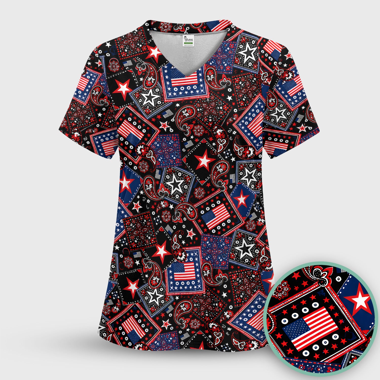 Patriotic Bandana With USA Flag Pattern Scrub Set, Scrub Pants and V Neck Top