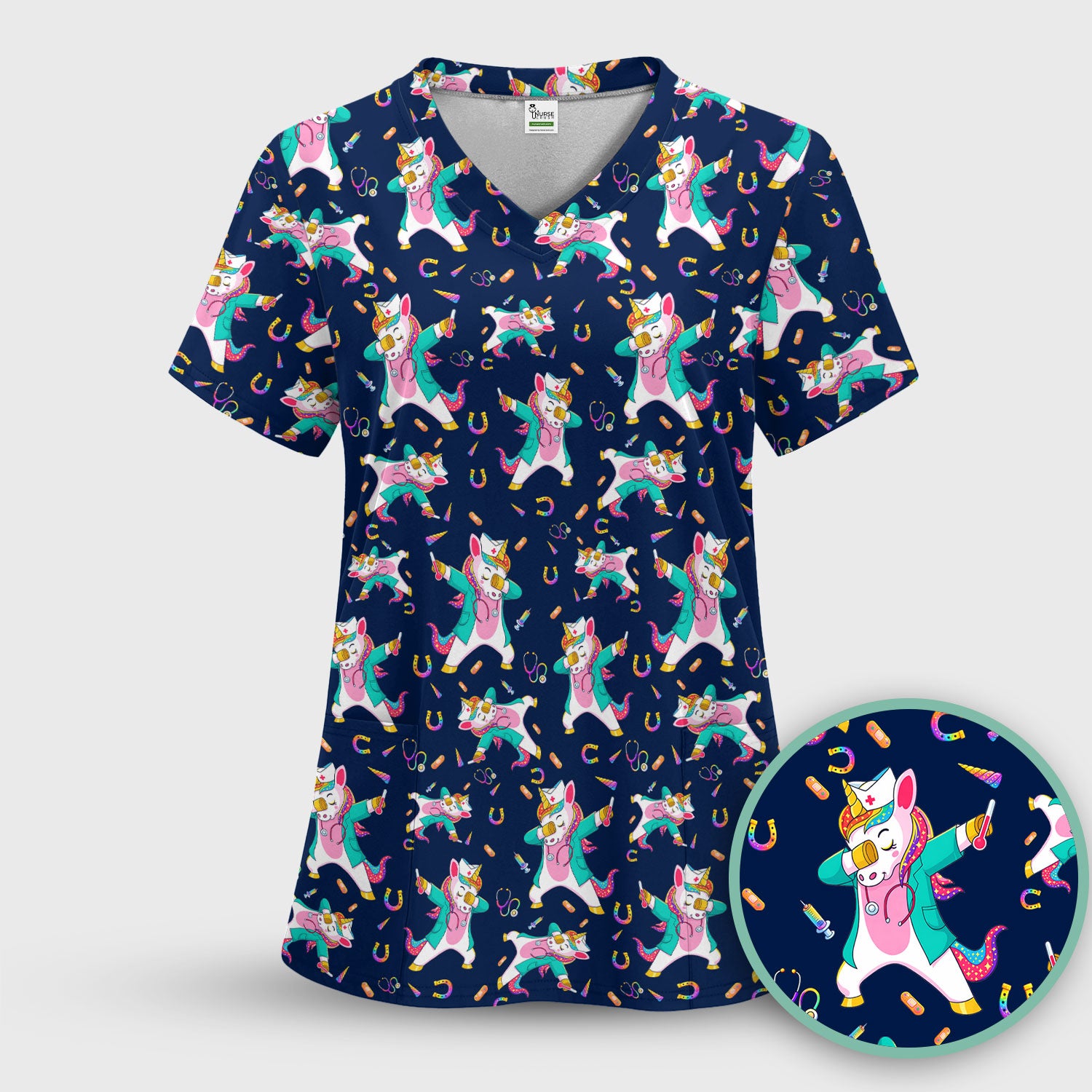 Cute Unicorn Nurse Dance Pattern Scrub Top, Breathable Fabrics Nursing Uniform