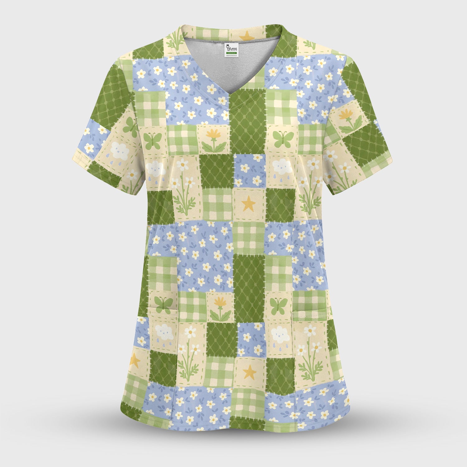 Green Patchwork Clover Floral Pattern Scrub Set, Scrub Pants and V Neck Top
