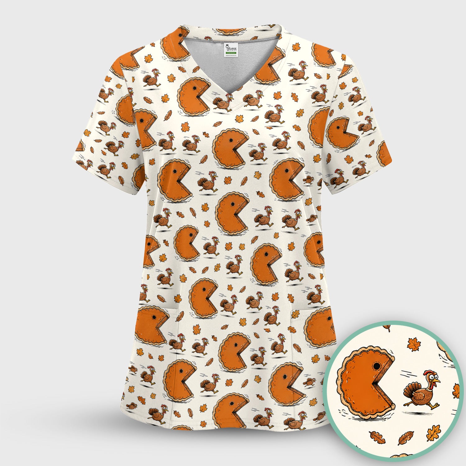 Thanksgiving Pie Chasing Turkey Scrub Set, Scrub Pants and V Neck Top