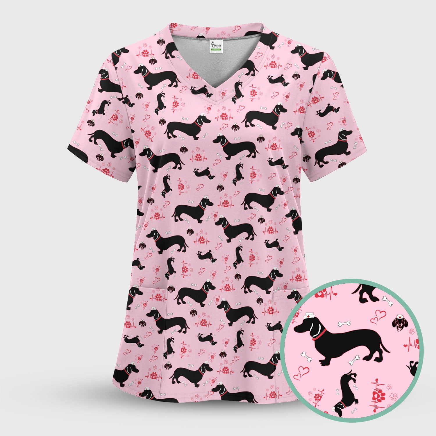 Dachshund Scrub Top - Cute Dog Print Scrubs for Women, Men Multi Color - Animal Scrub Shirt Gift for Nurse, CNA, RN, Doctor