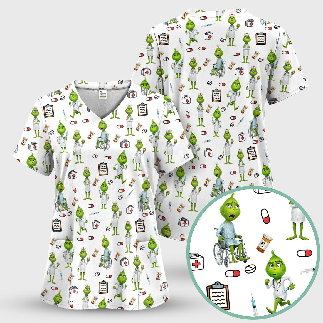 Grinchmas Scrub Shirt Multi Color - Christmas Nurse Top with Pockets - Funny Festive Medical Uniform for RN LPN CNA