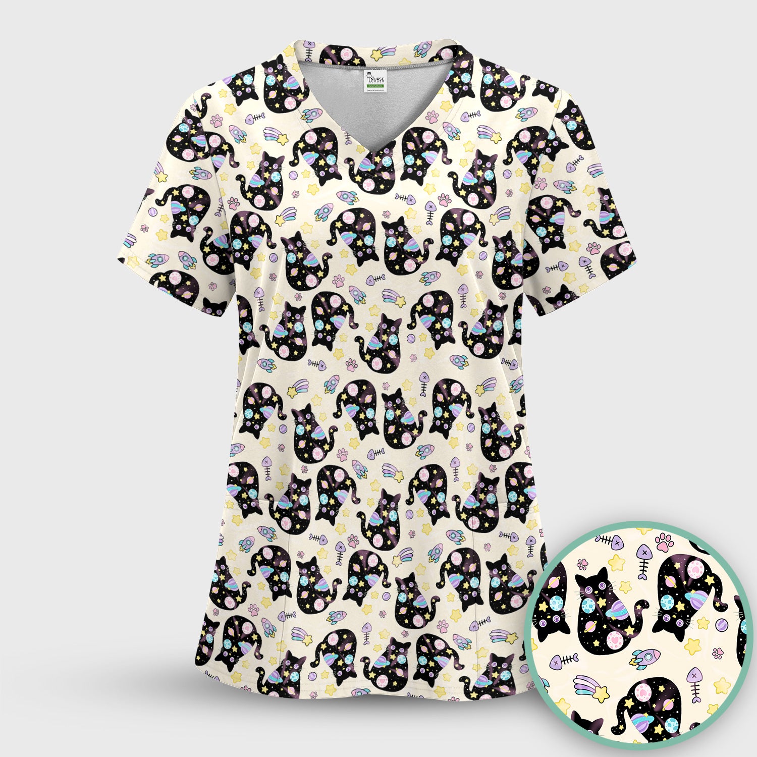 Galaxy Black Cat Space Pattern Scrub Top, Breathable Fabrics Nursing Uniform