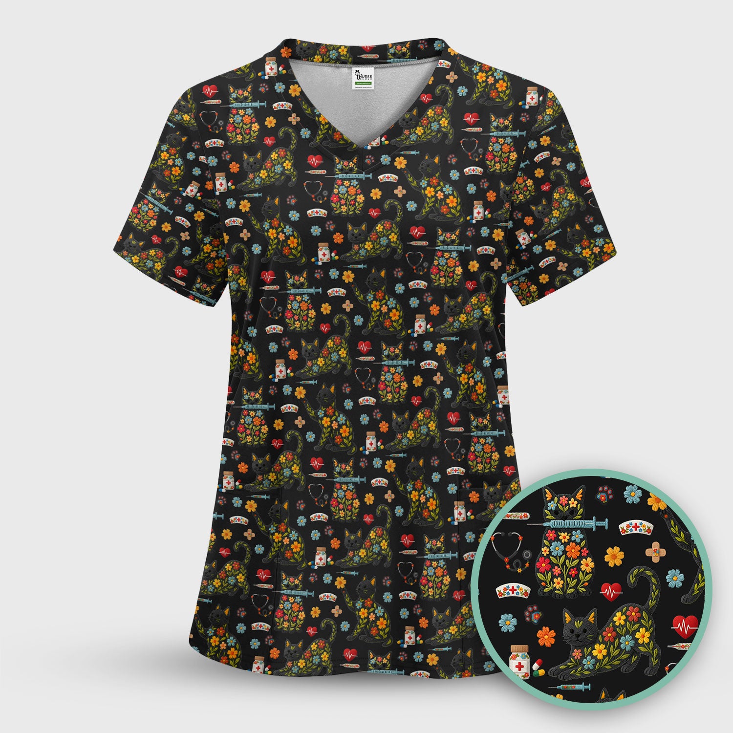 Floral Black Cat Pattern Scrub Top, Cute Cat Nurse Scrub Shirt, Medical Nursing Uniform