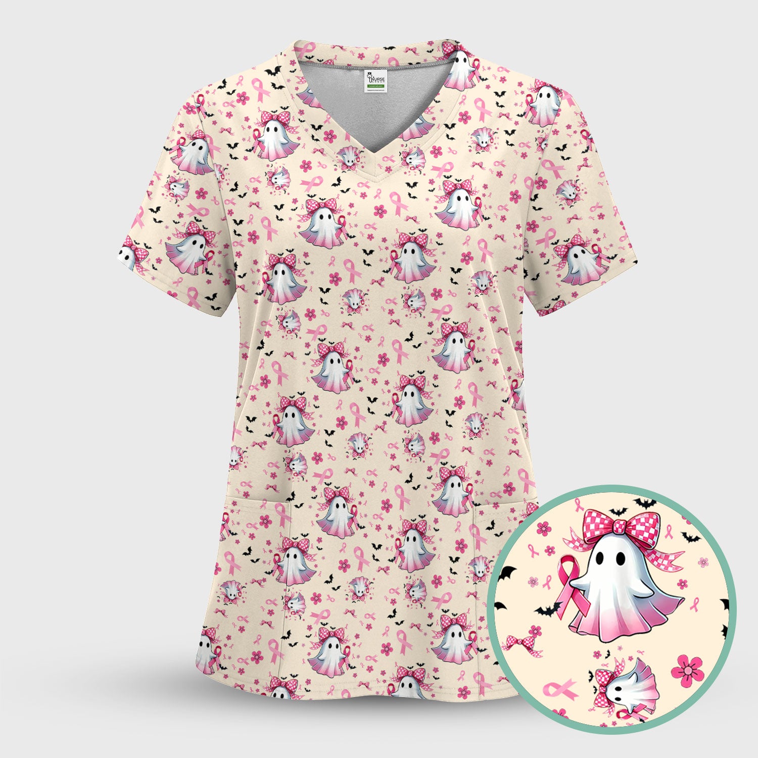 Breast Cancer Awareness Ghost Scrub Top for Women - Pink Ribbon Halloween Nurse Shirt - Cute Spooky Medical Uniform RN LPN CNA Gift