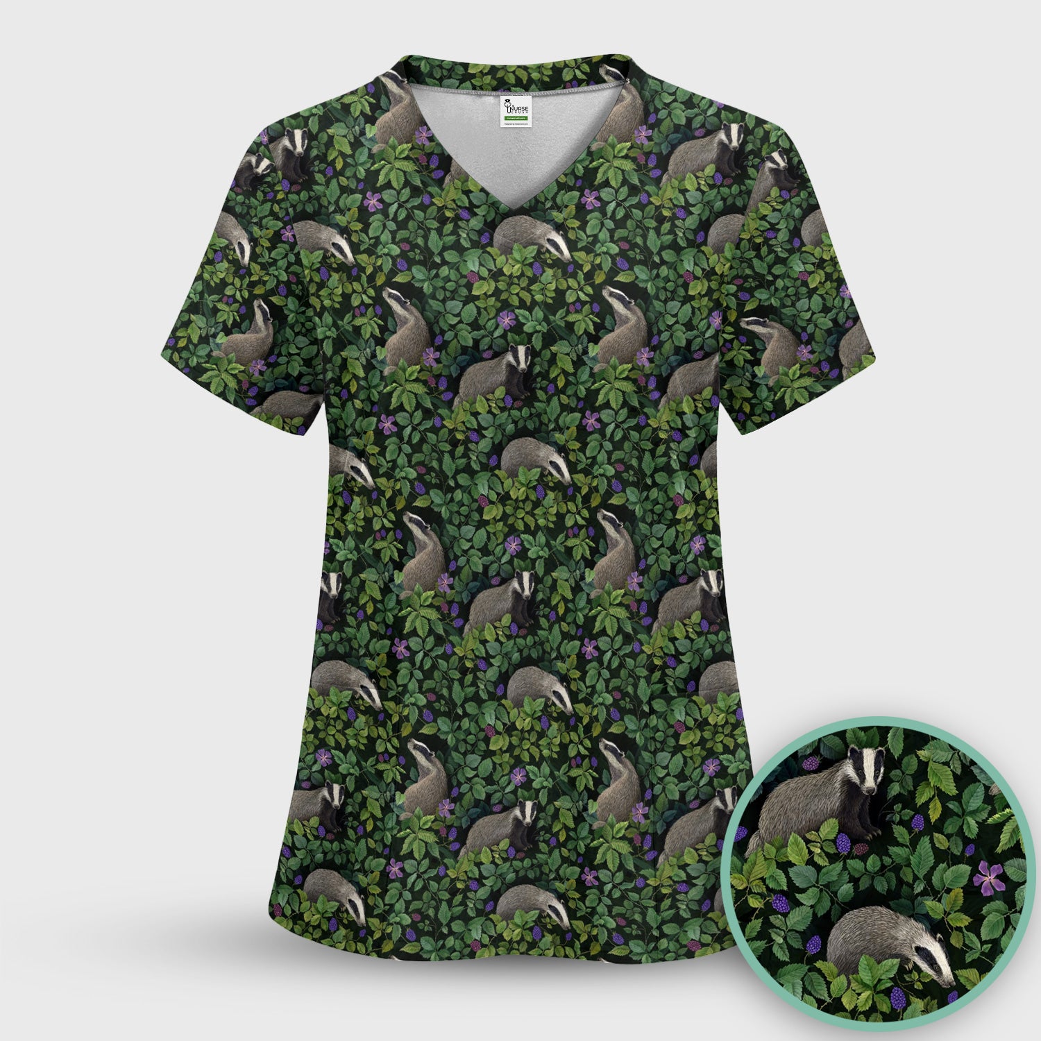 Woodland Badger Forest Pattern Scrub Set, Scrub Pants and V Neck Top
