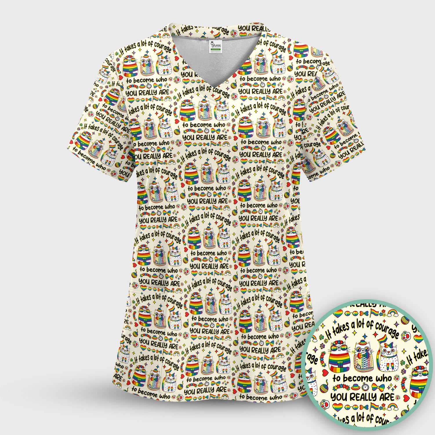 Inspirational Nurse Rainbow Cat Courage Quote Pattern Scrub Top, Breathable Fabrics Nursing Uniform