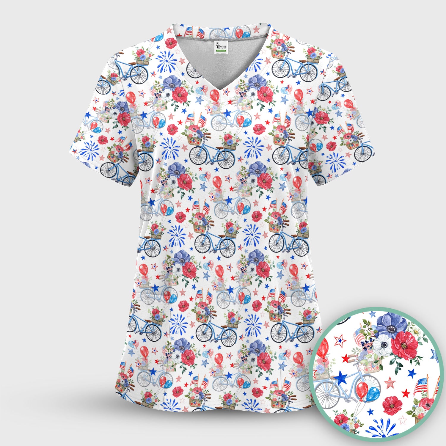 Patriotic Bicycle Floral Fireworks Print Scrub Set, Scrub Pants and V Neck Top