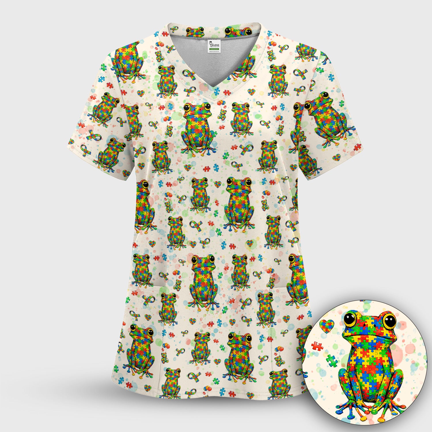 Colorful Autism Puzzle Frog Pattern Scrubs Top, Comfortable Scrubs for Nurses