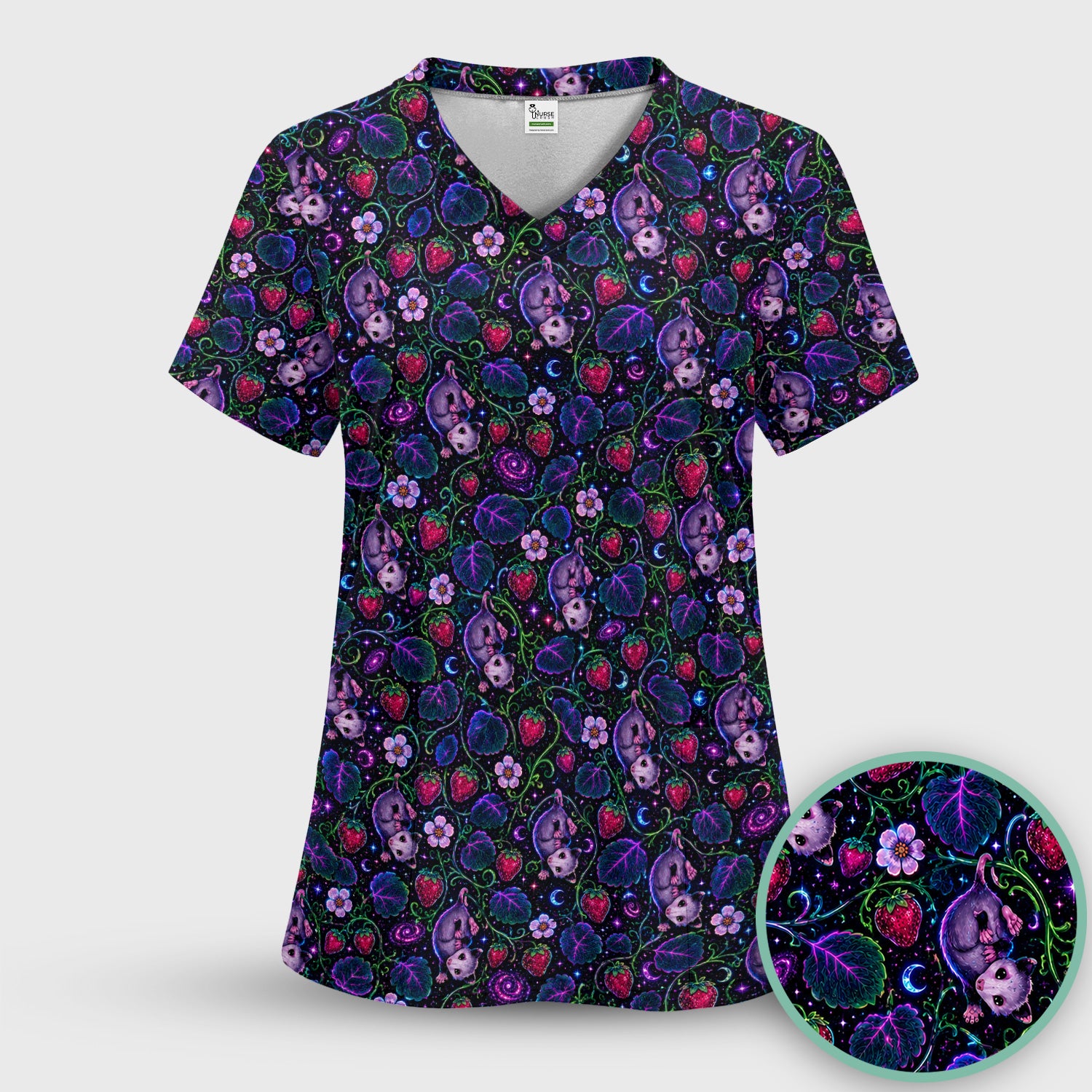 Galaxy Strawberry Opossum Pattern Scrub Top for RN, CNA, Veterinary Staff, Cat Lover Uniform