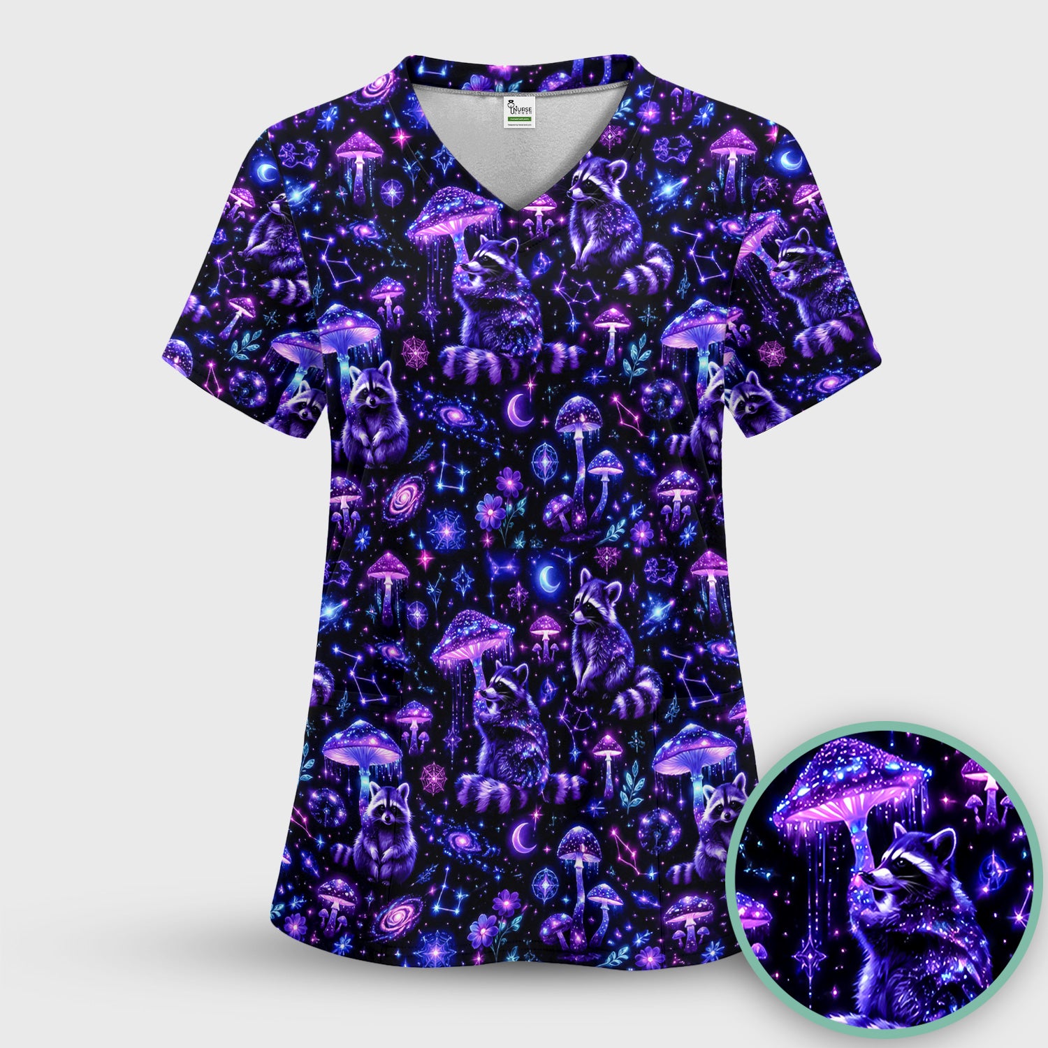 Cosmic Raccoon Mushroom Print Scrub Set, Scrub Pants and V Neck Top