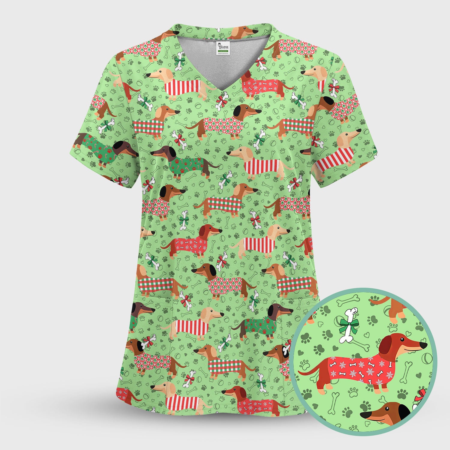 Christmas Dachshund Scrub Top for Nurses - Funny Wiener Dog Medical Shirt Multi Color - Cute Puppy Lover Gift for RN LPN CNA