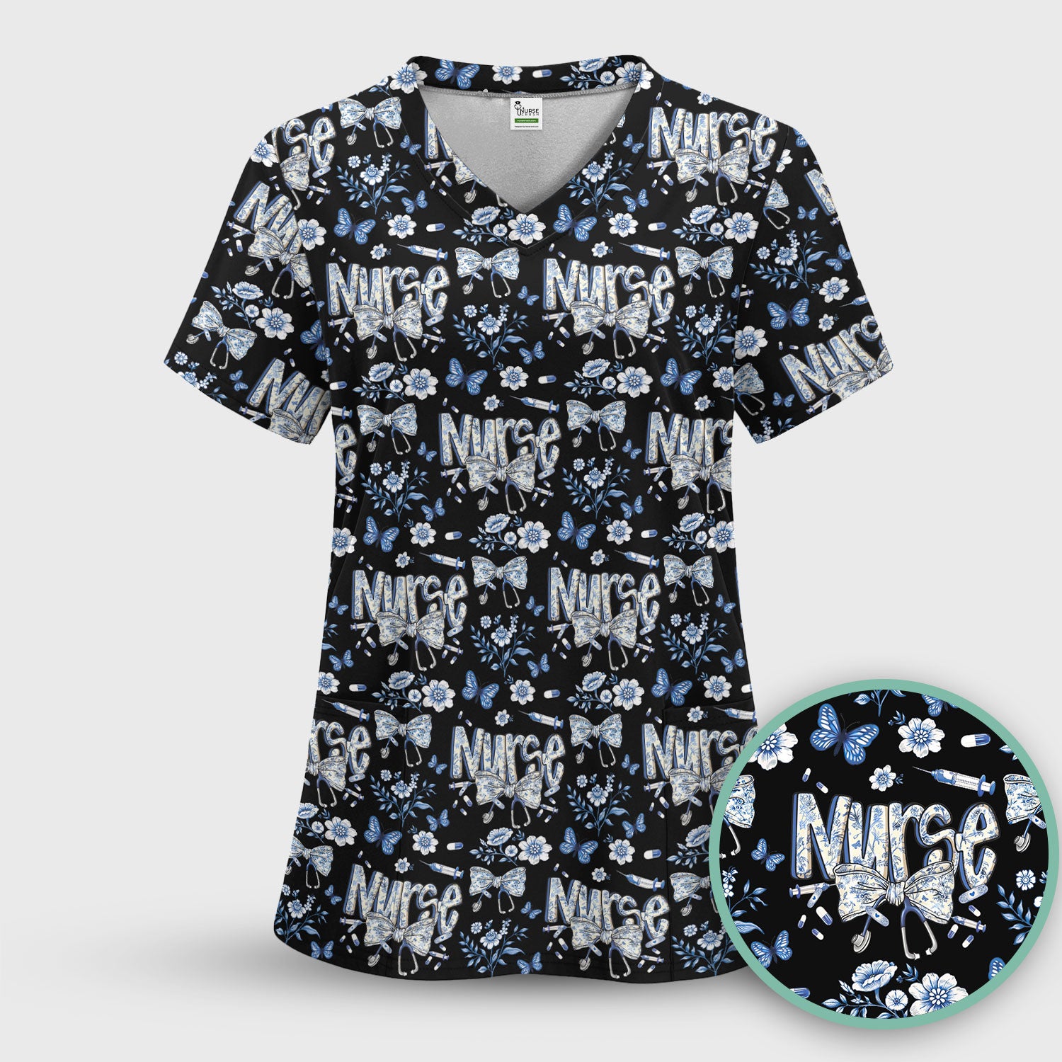 Blue Nurse Letter Bow Butterfly Floral Print Scrub Top, Comfortable Scrubs for Nurses