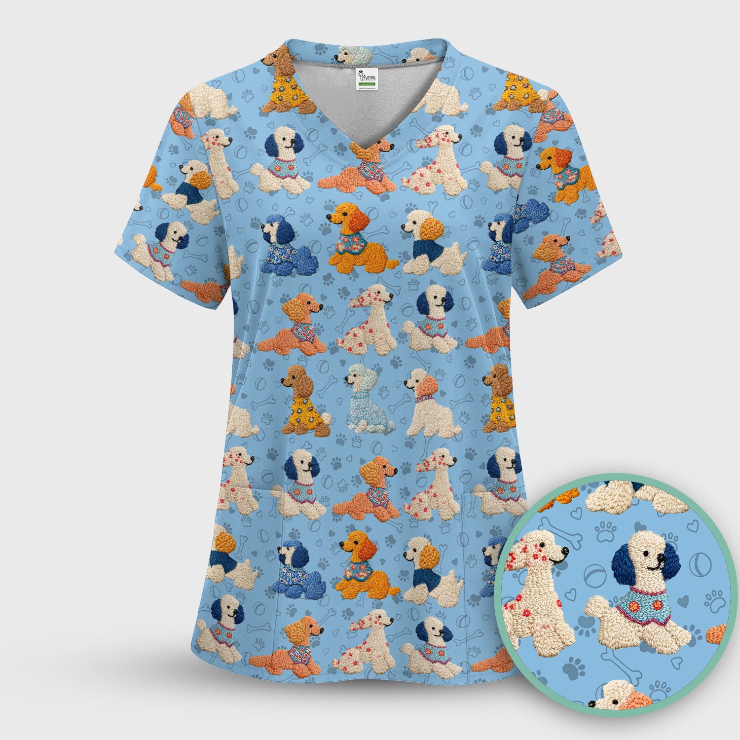 Cute Colorful Poodle Pattern Scrub Top, Comfortable Scrubs for Nurses
