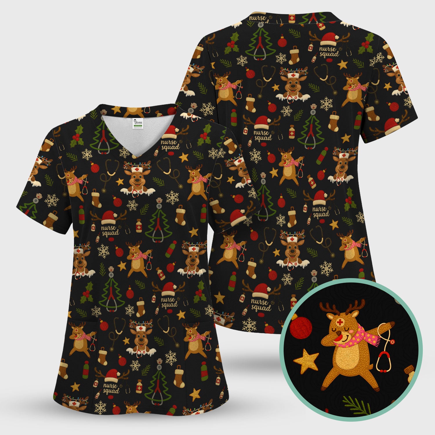 Christmas Reindeer Nurse Scrub Set for Women - Cute Holiday Pattern Scrub Top and Pants - Funny Festive Nursing Outfit Gift for RN LPN CNA