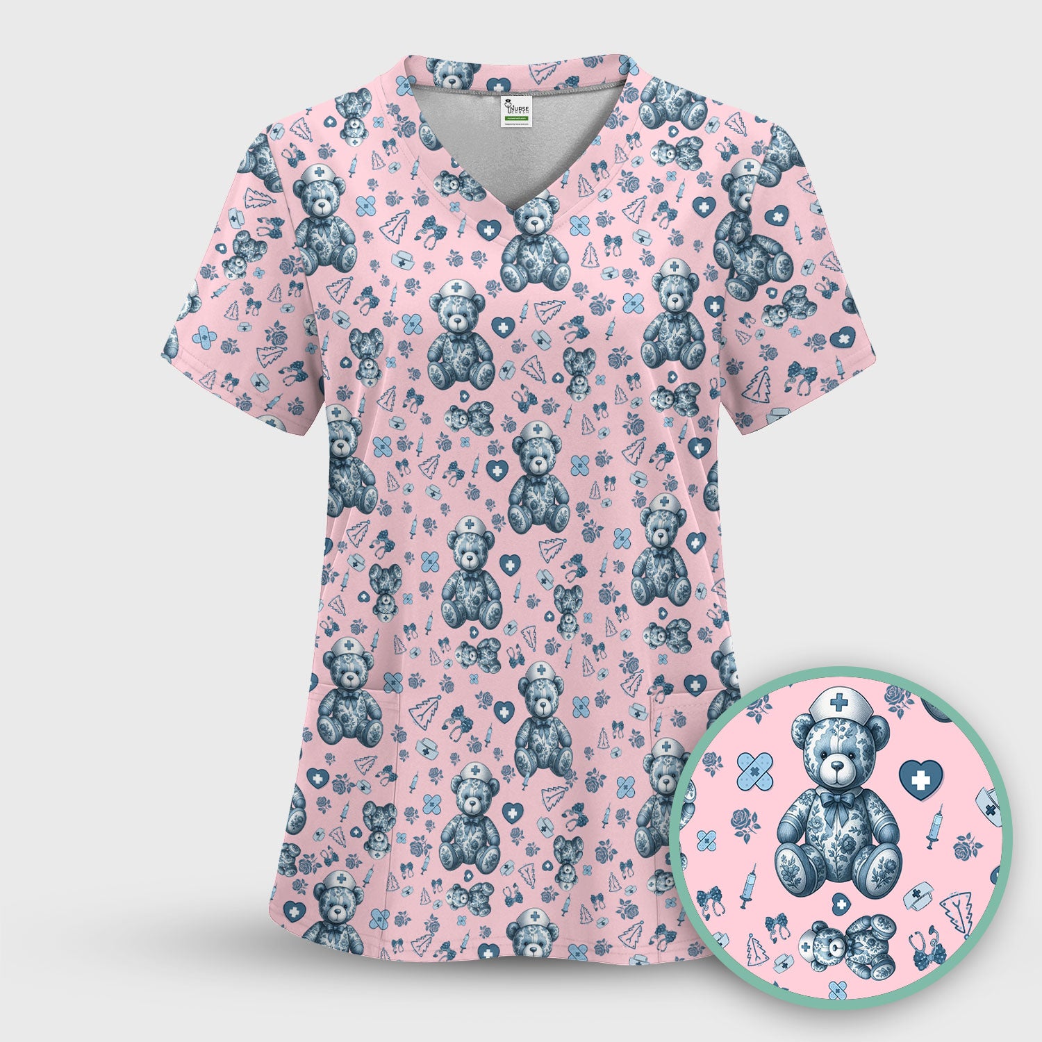 Toile Teddy Bear Nurse Scrub Top - Elegant Blue Toile de Jouy Pattern Medical Shirt for Women - Cute Vintage Nursing Uniform Gift