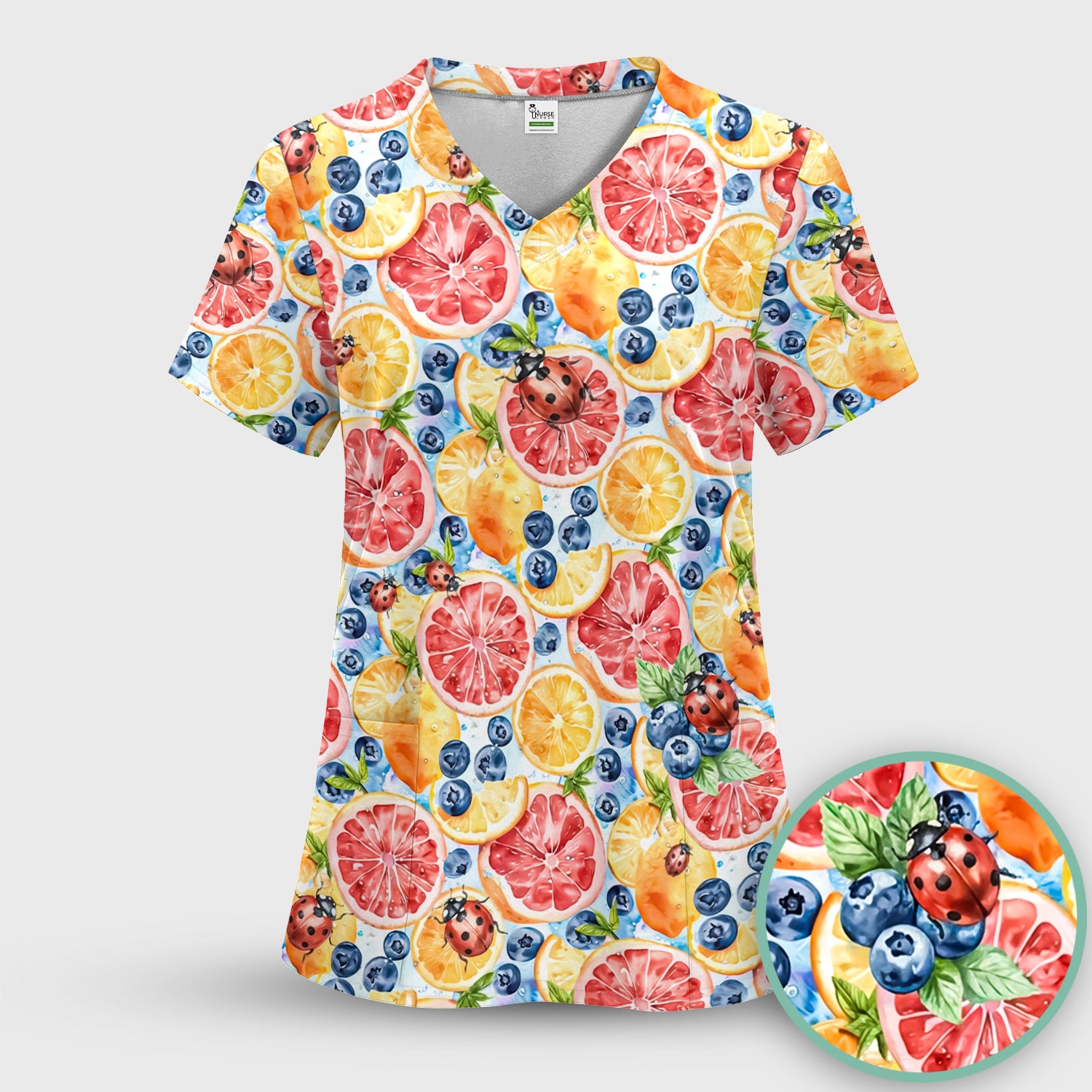 Cute Citrus Berry Ladybug Pattern Scrub Top, Comfortable Scrubs for Nurses
