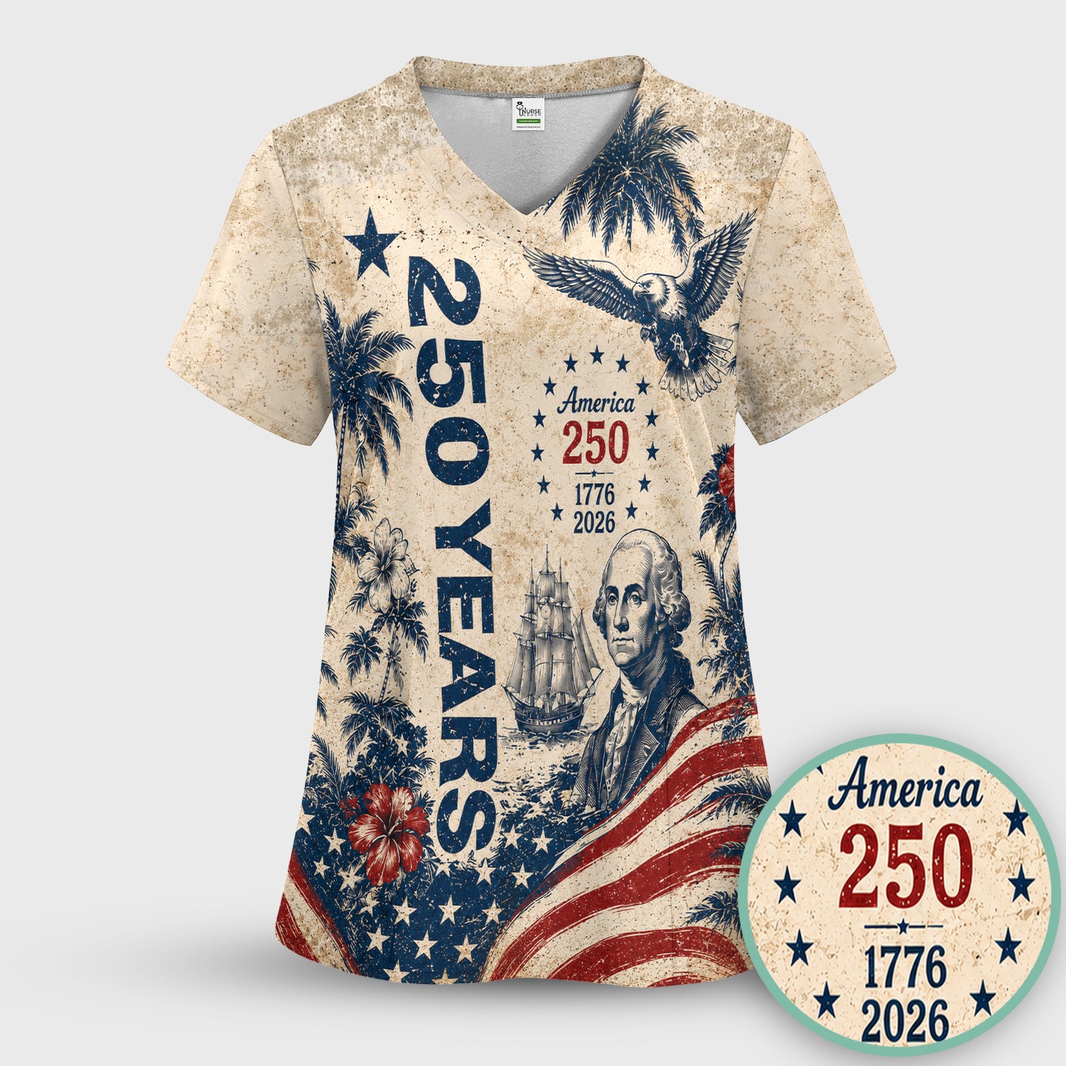 America 250 Freedom Print Scrub Top, Comfortable Scrubs for Nurses