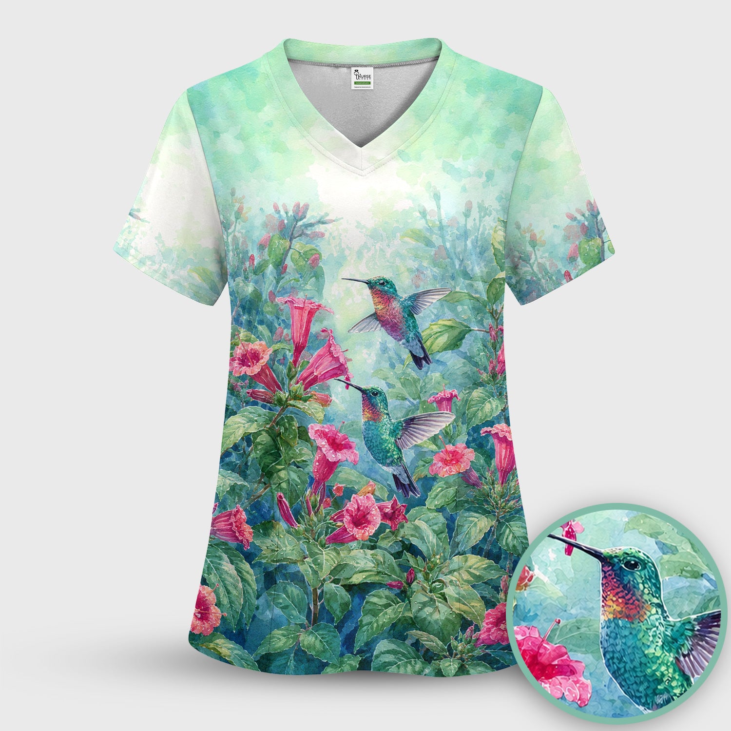Vintage Hummingbird Floral Garden Pattern Scrub Set, Scrub Pants and V Neck Top