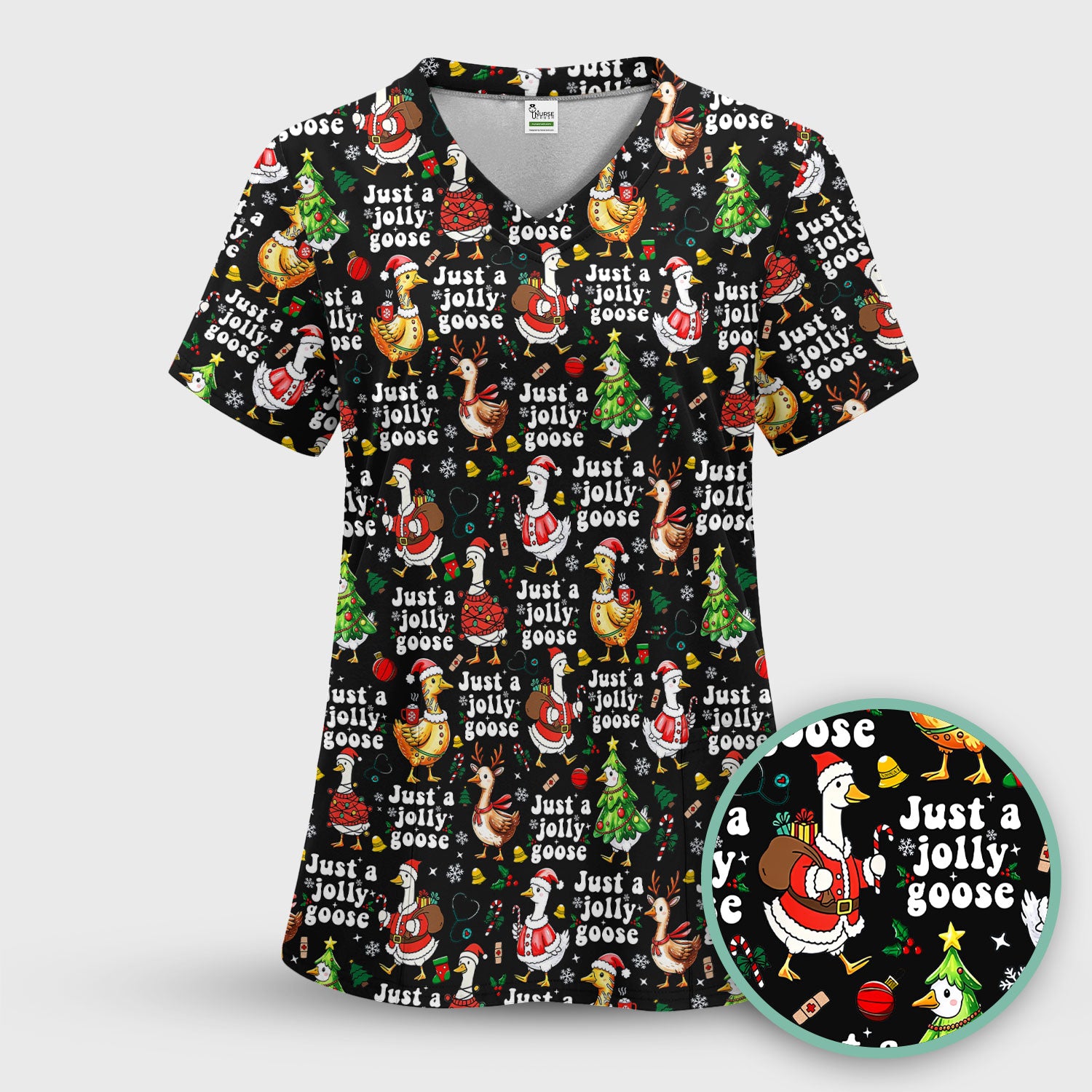 Just a Jolly Goose Funny Christmas Scrub Top - Holiday Medical Uniform for Nurse - Santa Goose Shirt Gift for Women