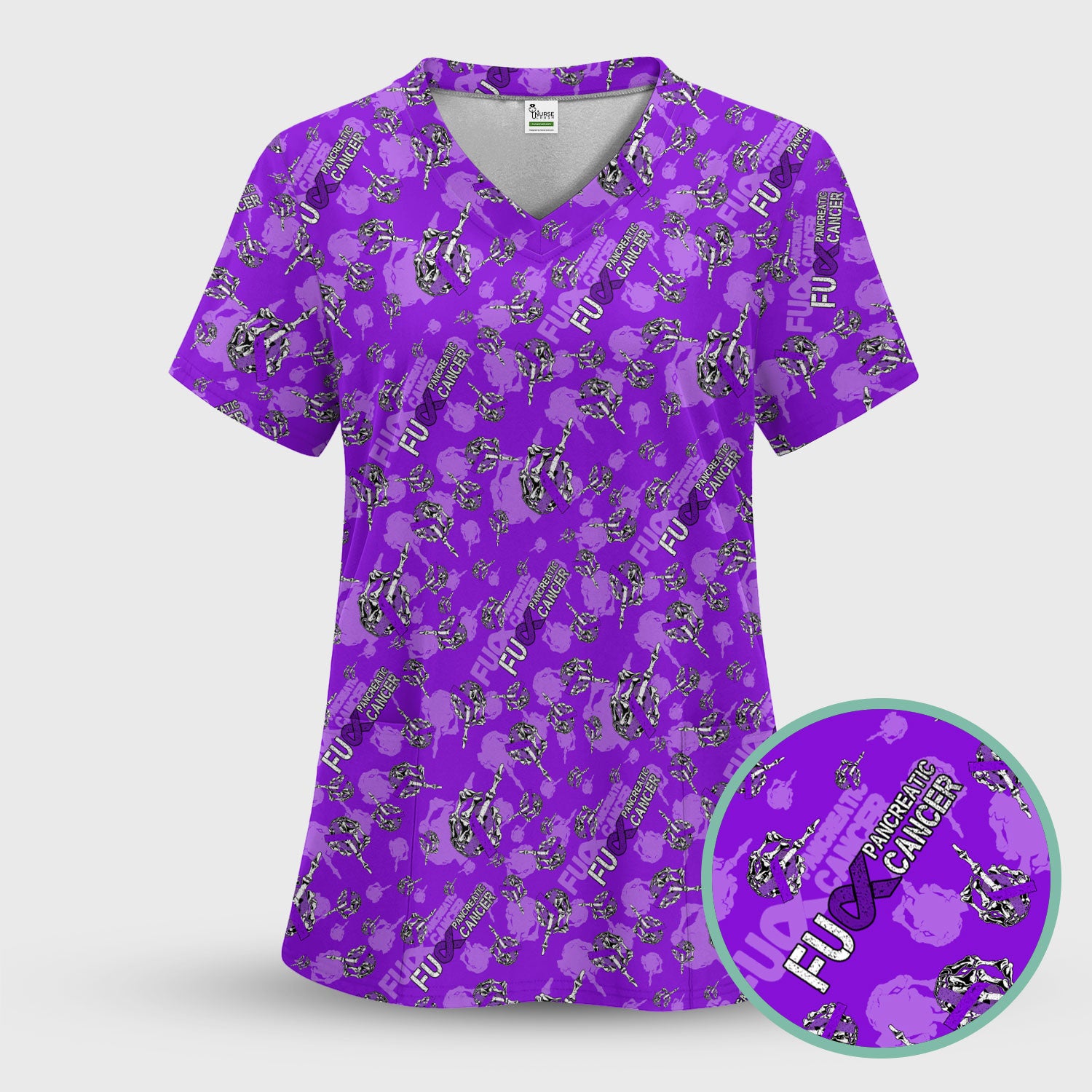 Pancreatic Cancer Awareness Scrub Top - Fuck Cancer Purple Ribbon Nurse Shirt - Strong Gift Idea for Survivors, Fighters & Supporters
