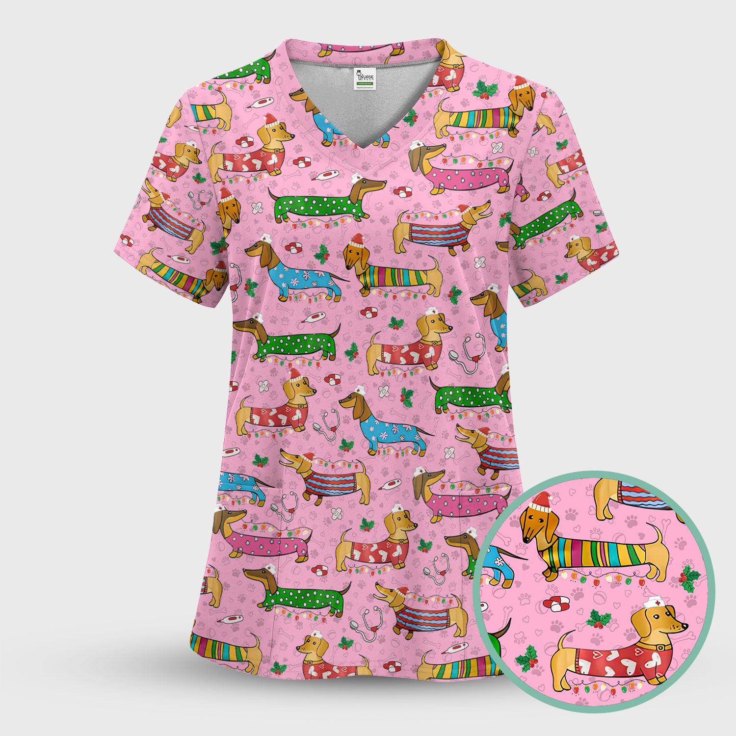 Christmas Dachshund Nurse Scrub Top - Cute Wiener Dog in Holiday Outfit - Funny Medical Shirt Gift for Women RN LPN CNA