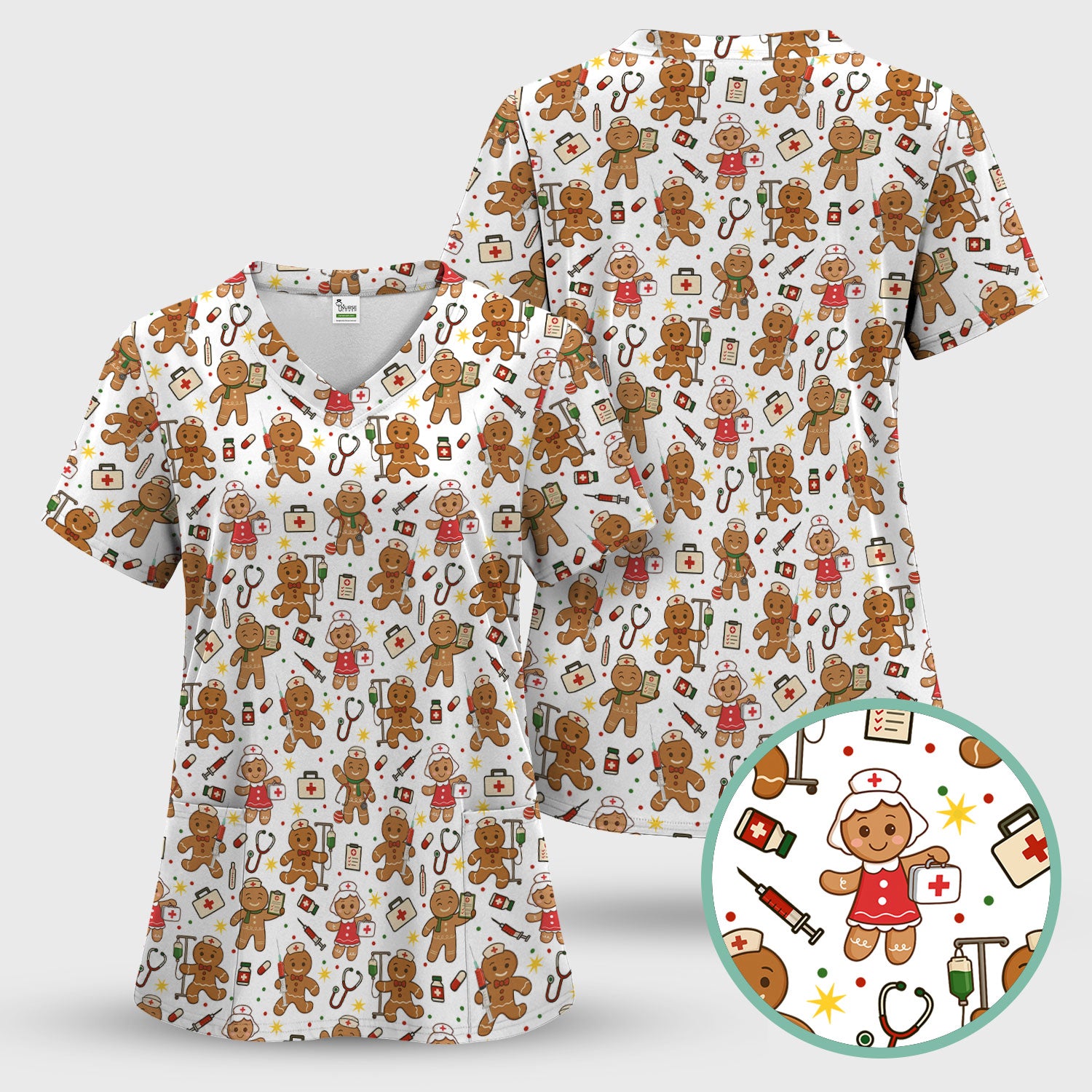 Gingerbread Christmas Nurse Scrub Top - Cute Holiday Cookie Pattern Shirt for Women - Funny Festive Nursing Gift for RN LPN CNA