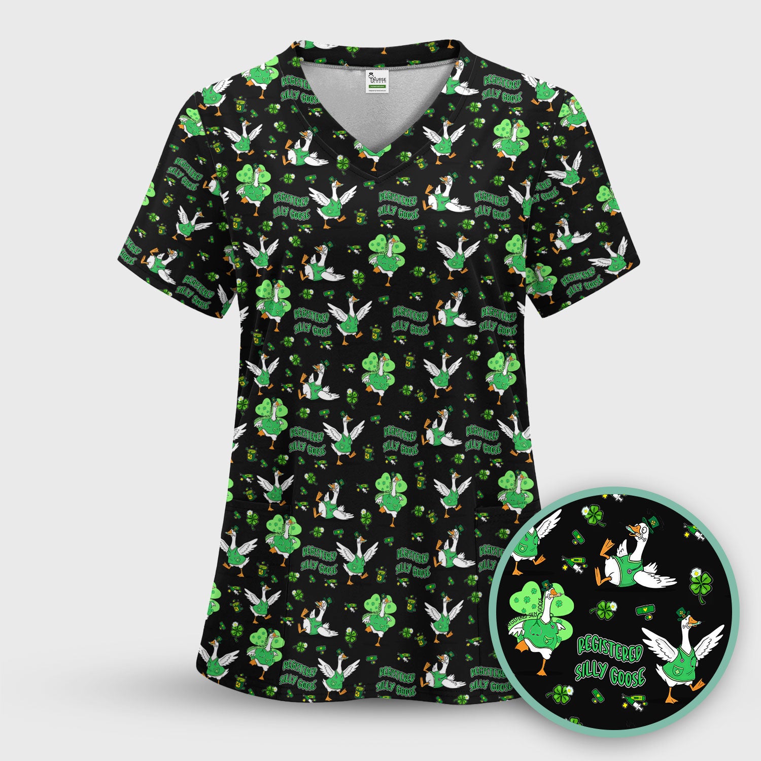 Silly Goose St. Patrick’s Day Scrub Top, Funny Goose Shamrock Pattern Nurse Scrub Shirt, Irish Green Nursing Uniform