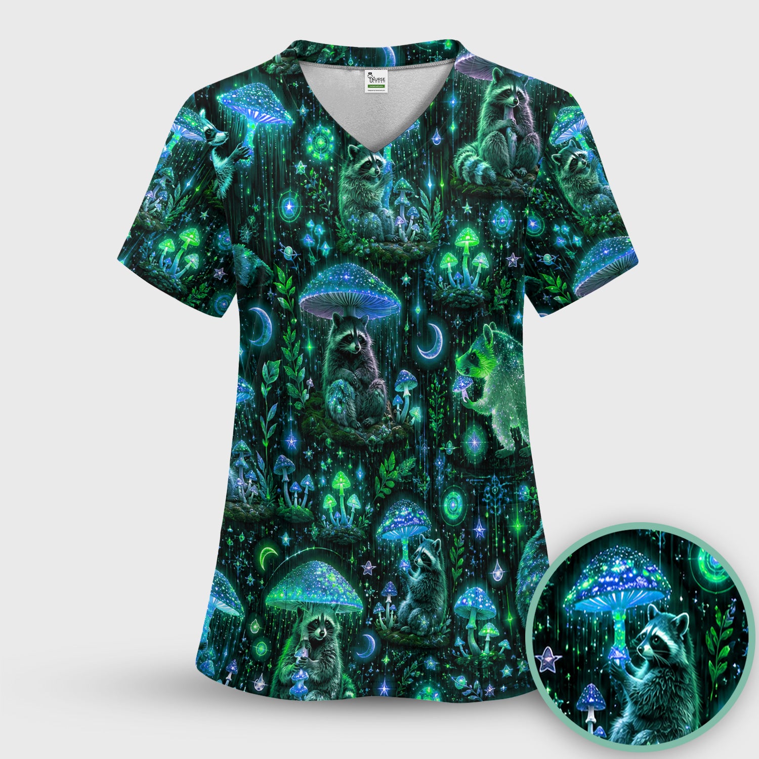 Glowing Raccoon Forest Pattern Scrub Set, Scrub Pants and V Neck Top