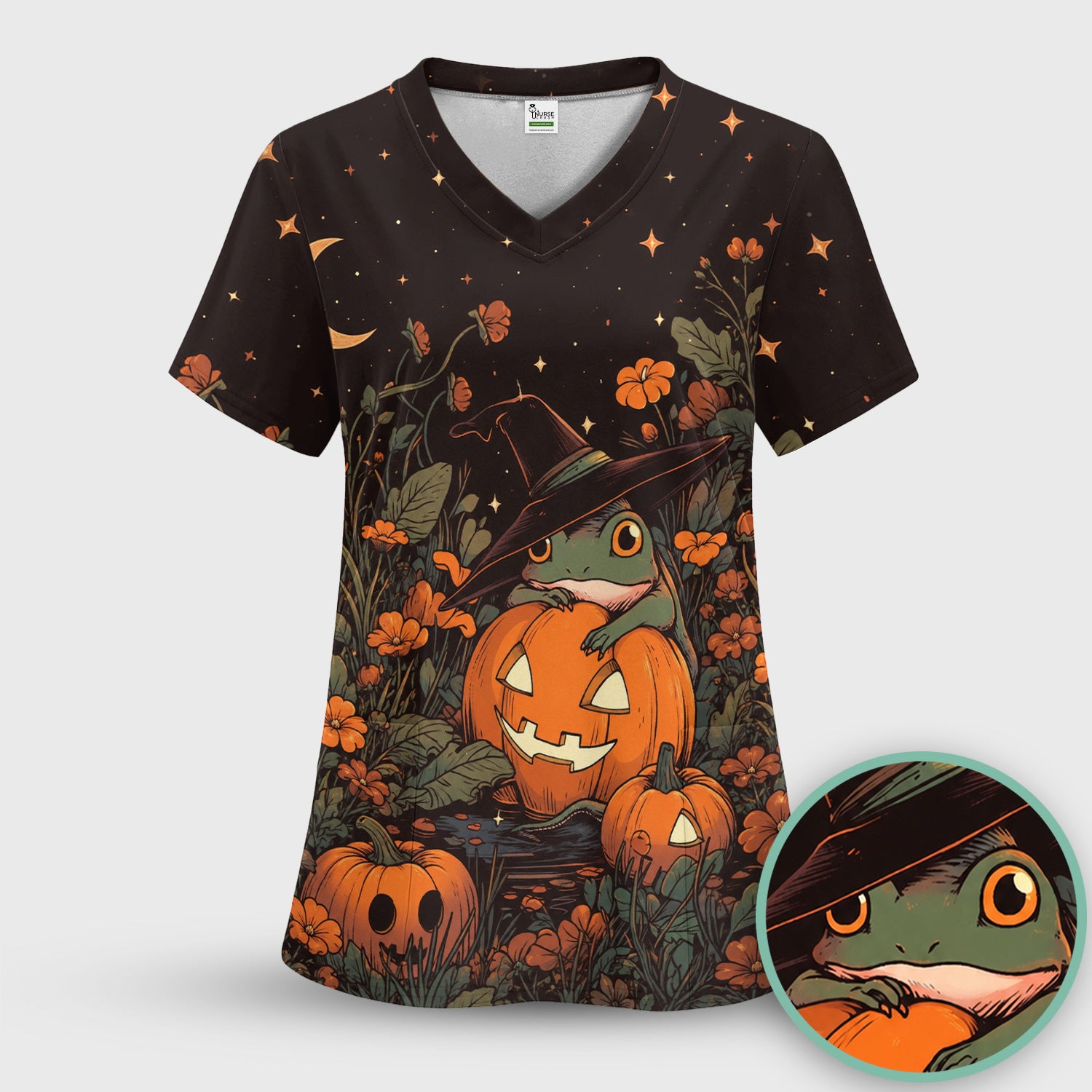 Cute Halloween Frog Nurse for Pediatric Nurses, RN, CNA, Pumpkin Medical Scrub Top, Comfortable Scrubs for Nurses