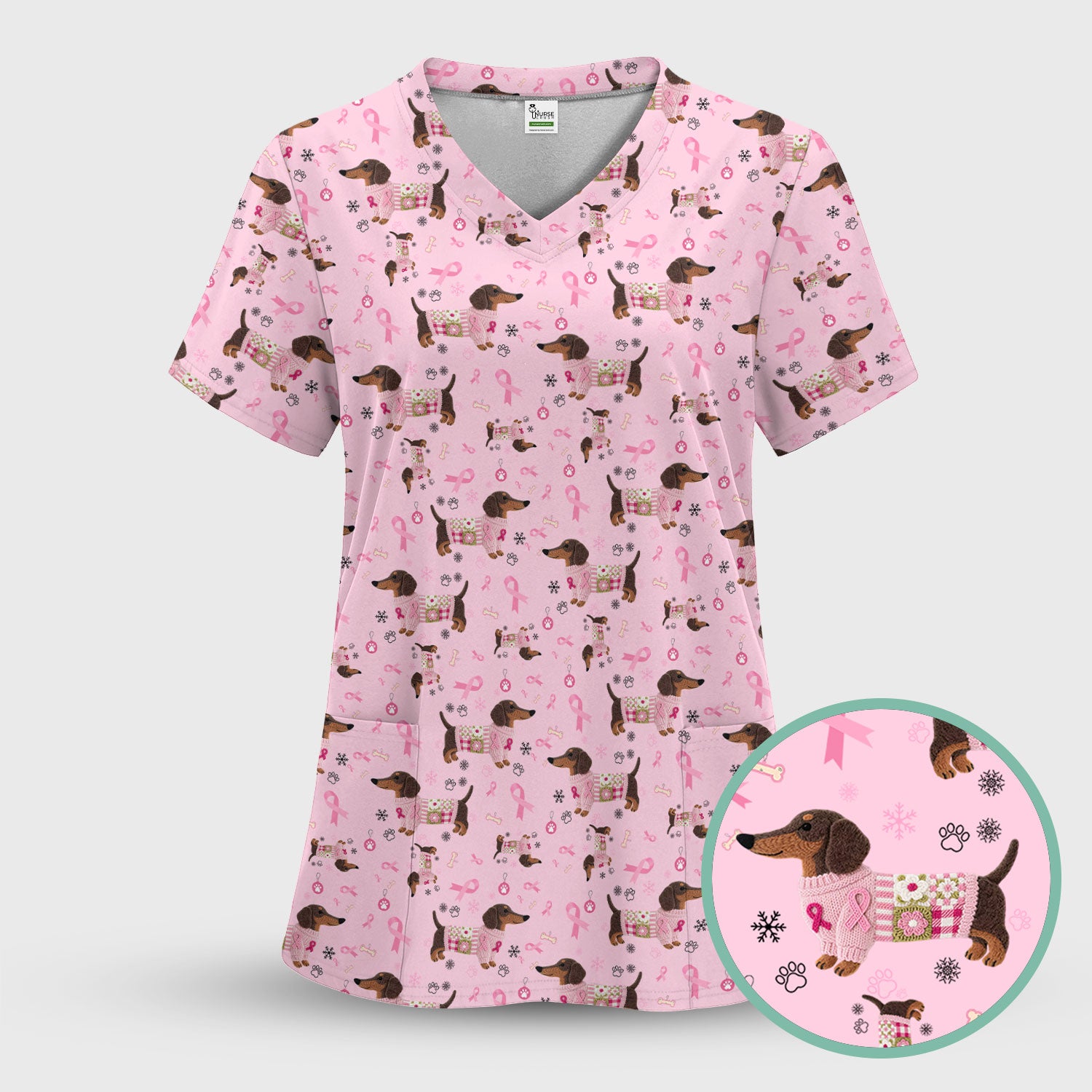 Pink Dachshund Breast Cancer Awareness Scrub Top - Puppy Dog Ribbon Nurse Shirt - Wiener Support Fight Cancer Medical Uniform Gift