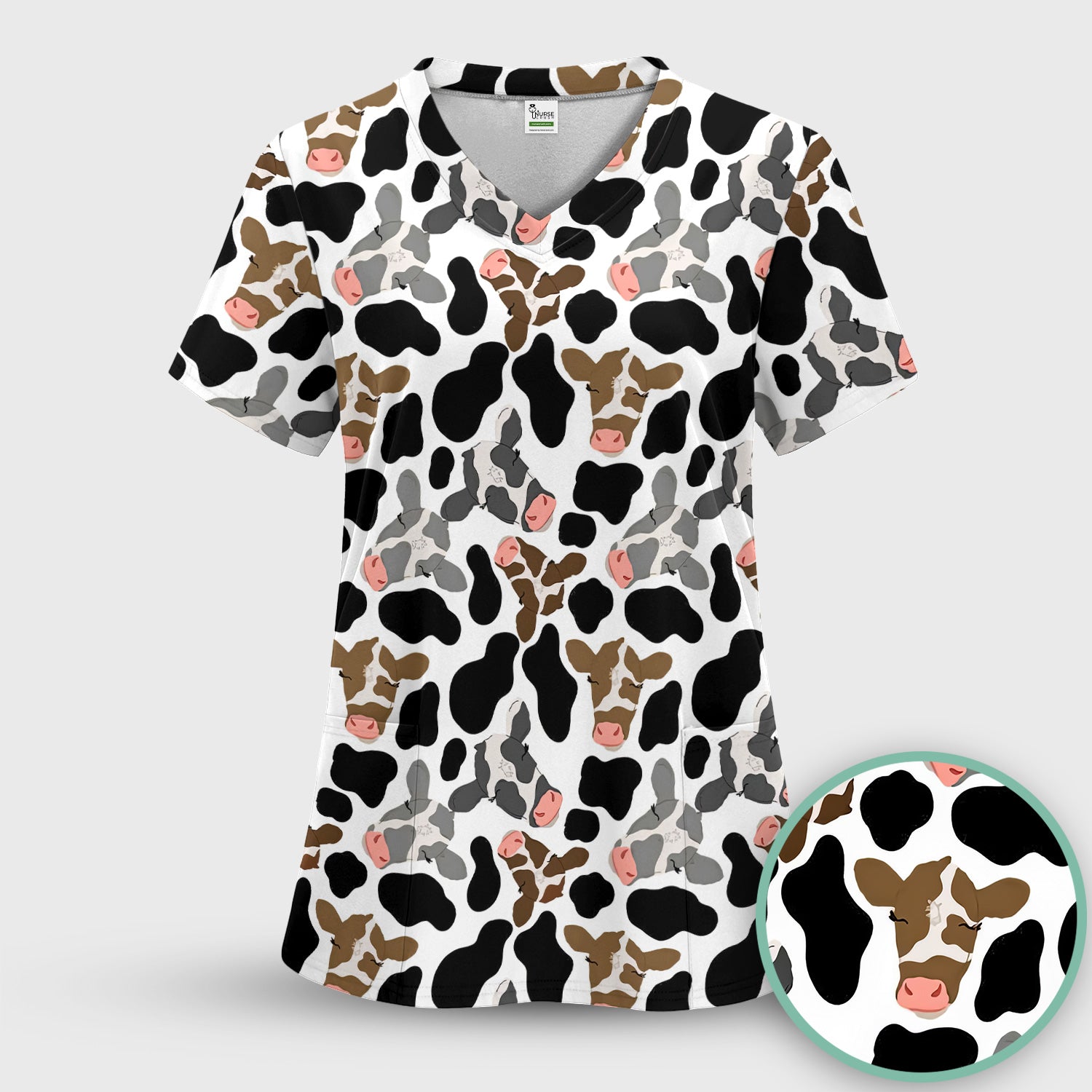 Cute Cow Face Black White Pattern Nurse Scrub Set, Scrub Pants and V Neck Top