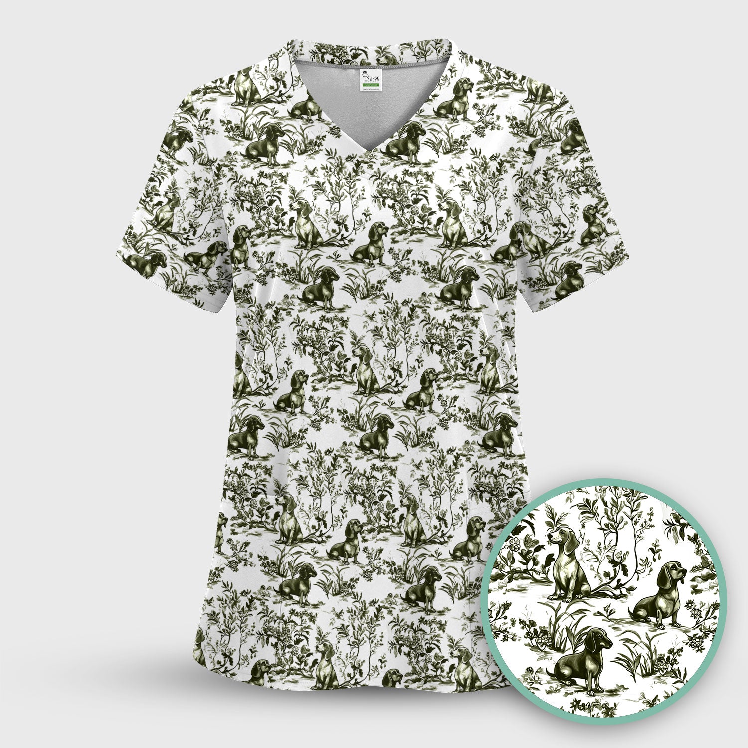 Toile de Jouy Dog Scrub Top – Elegant Blue Dachshund Pattern – Cute Medical Uniform for Nurses, Vets, and Animal Care Workers