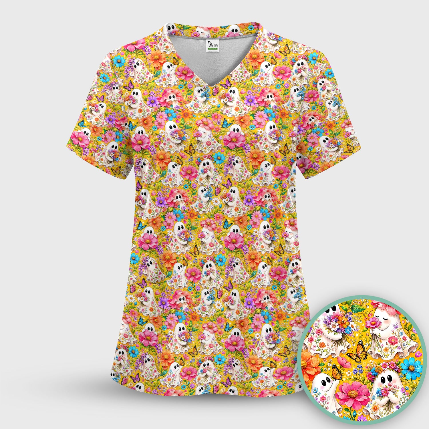 Cute Floral Ghosts And Butterflies Scrub Top, Comfortable Scrubs for Nurses