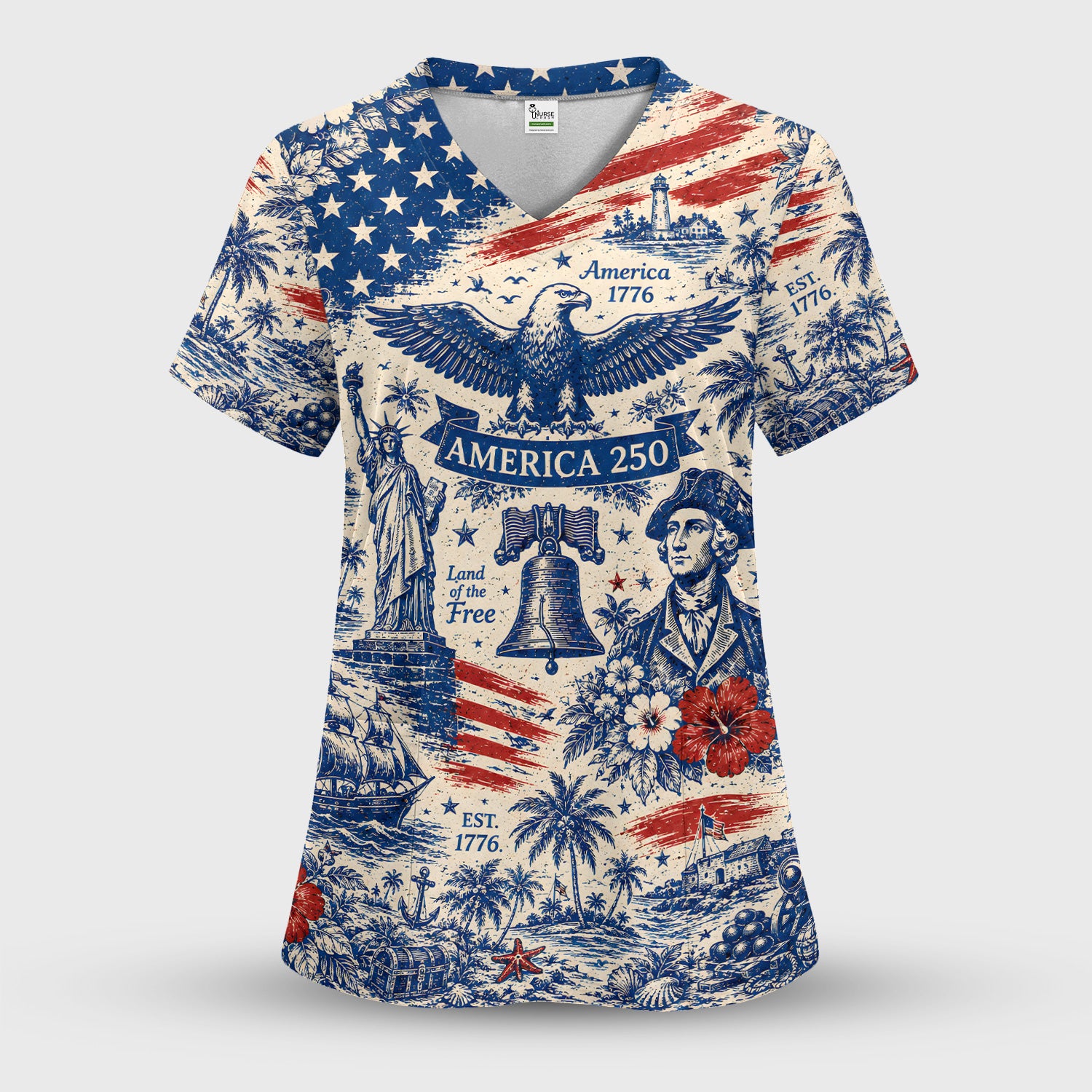 America 250 Eagle Liberty Pattern Scrub Top, Comfortable Scrubs for Nurses