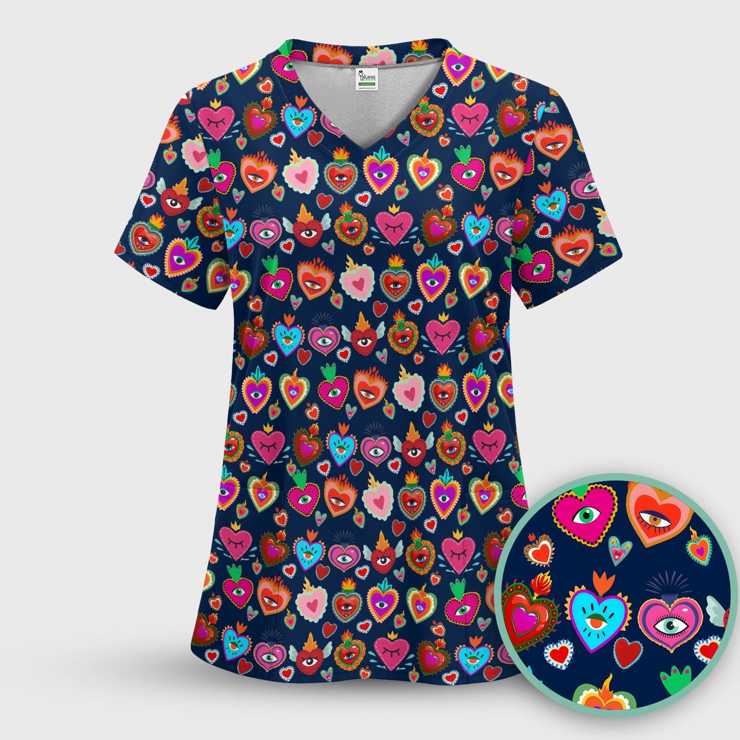 Valentine Colorful Sacred Heart Print Medical Scrub Top, Comfortable Scrubs for Nurses